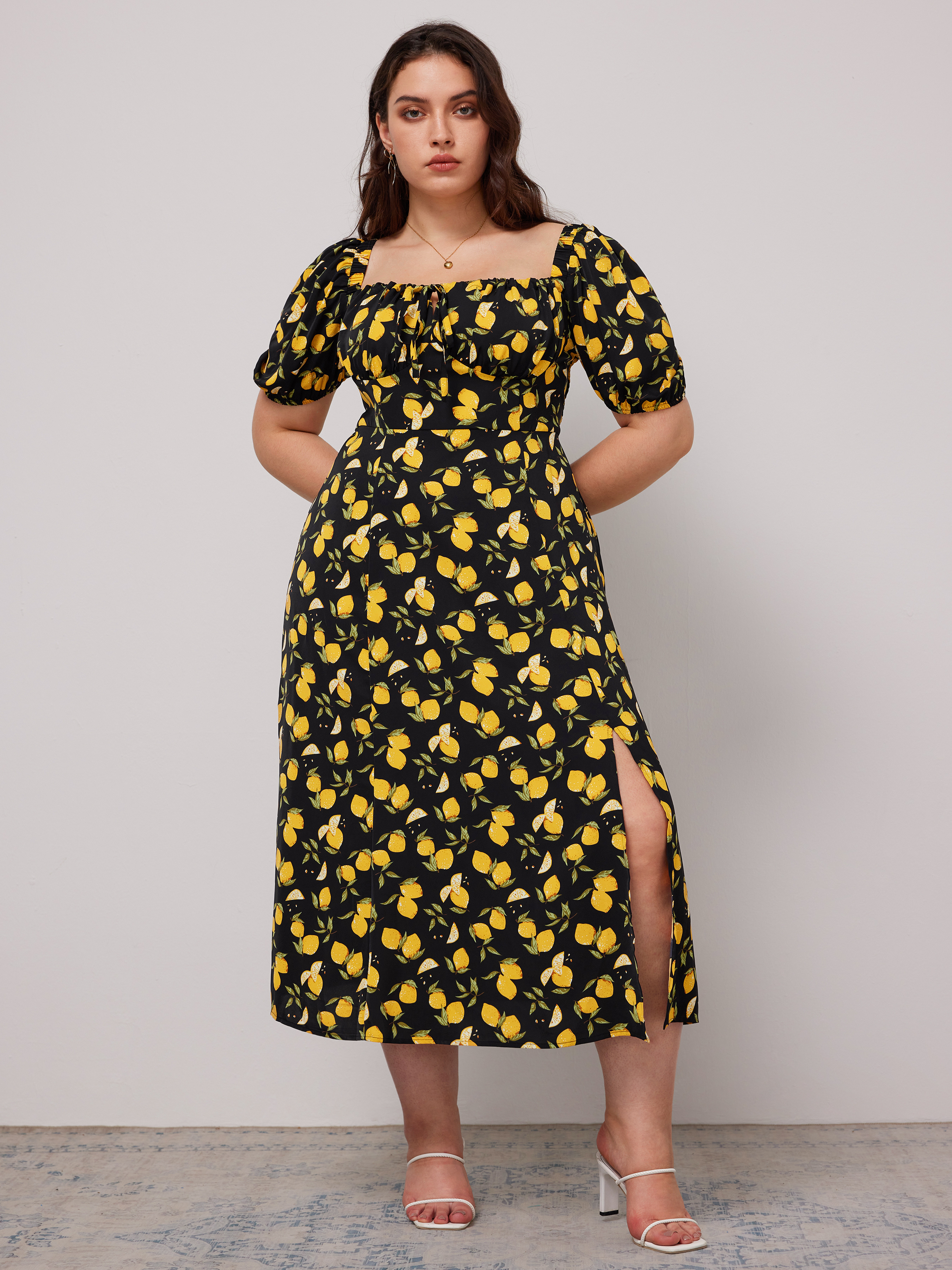 Fruit Square Neck Puff Sleeve Midi Dress Curve & Plus