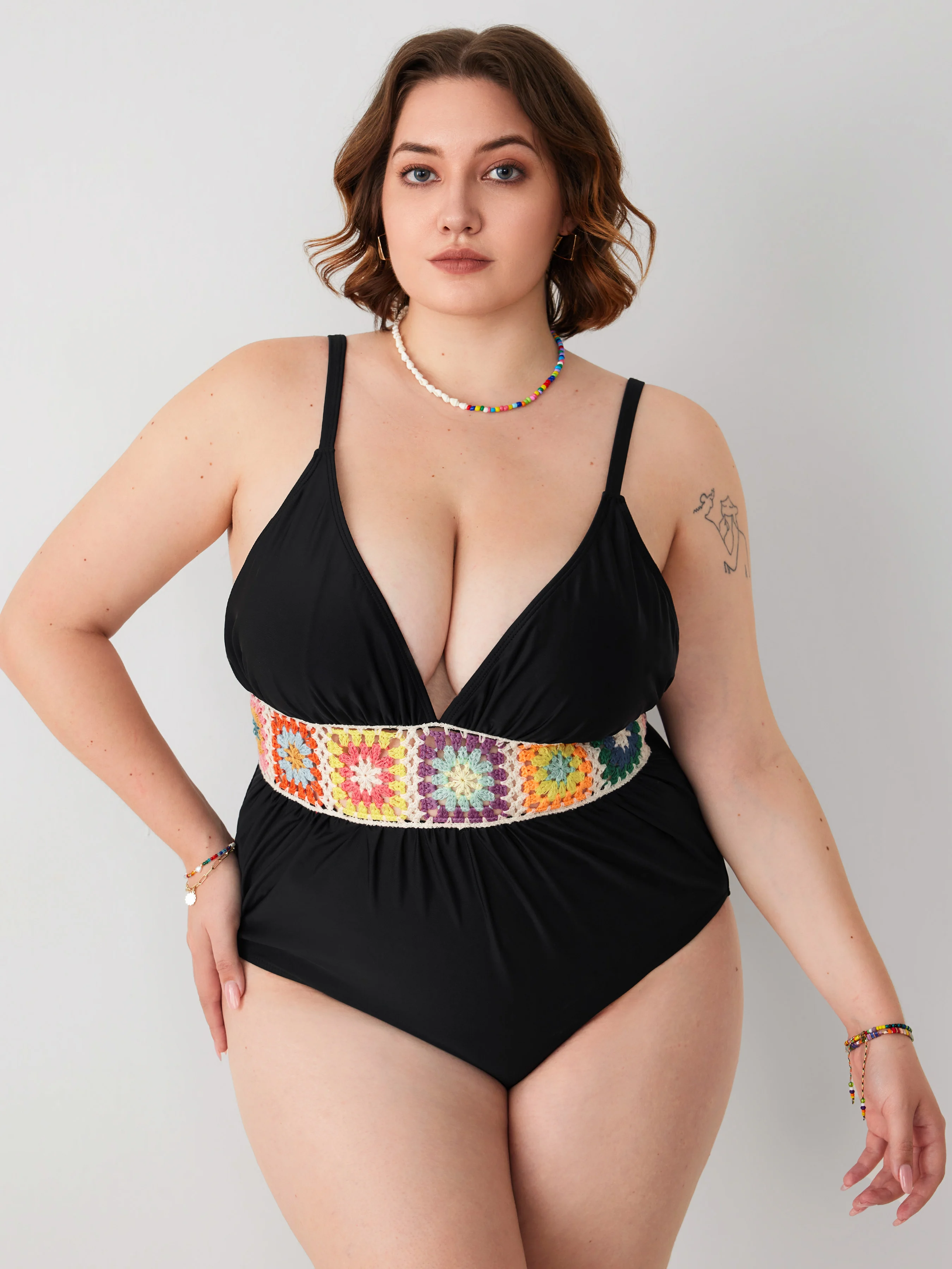 Color Crochet Corset Ruched One Piece Swimsuit Curve & Plus