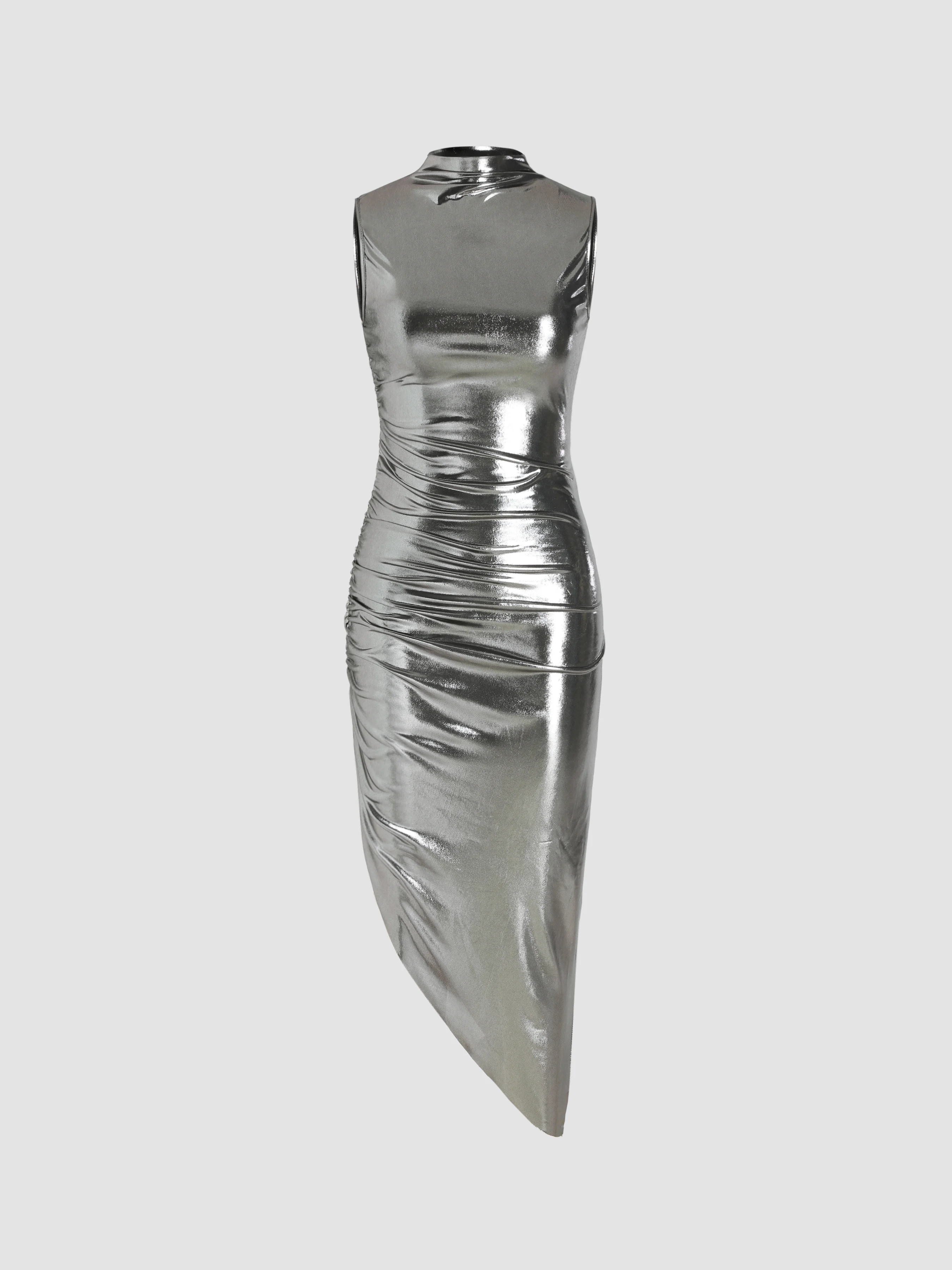 High Neck Metallic Ruched Midi Dress