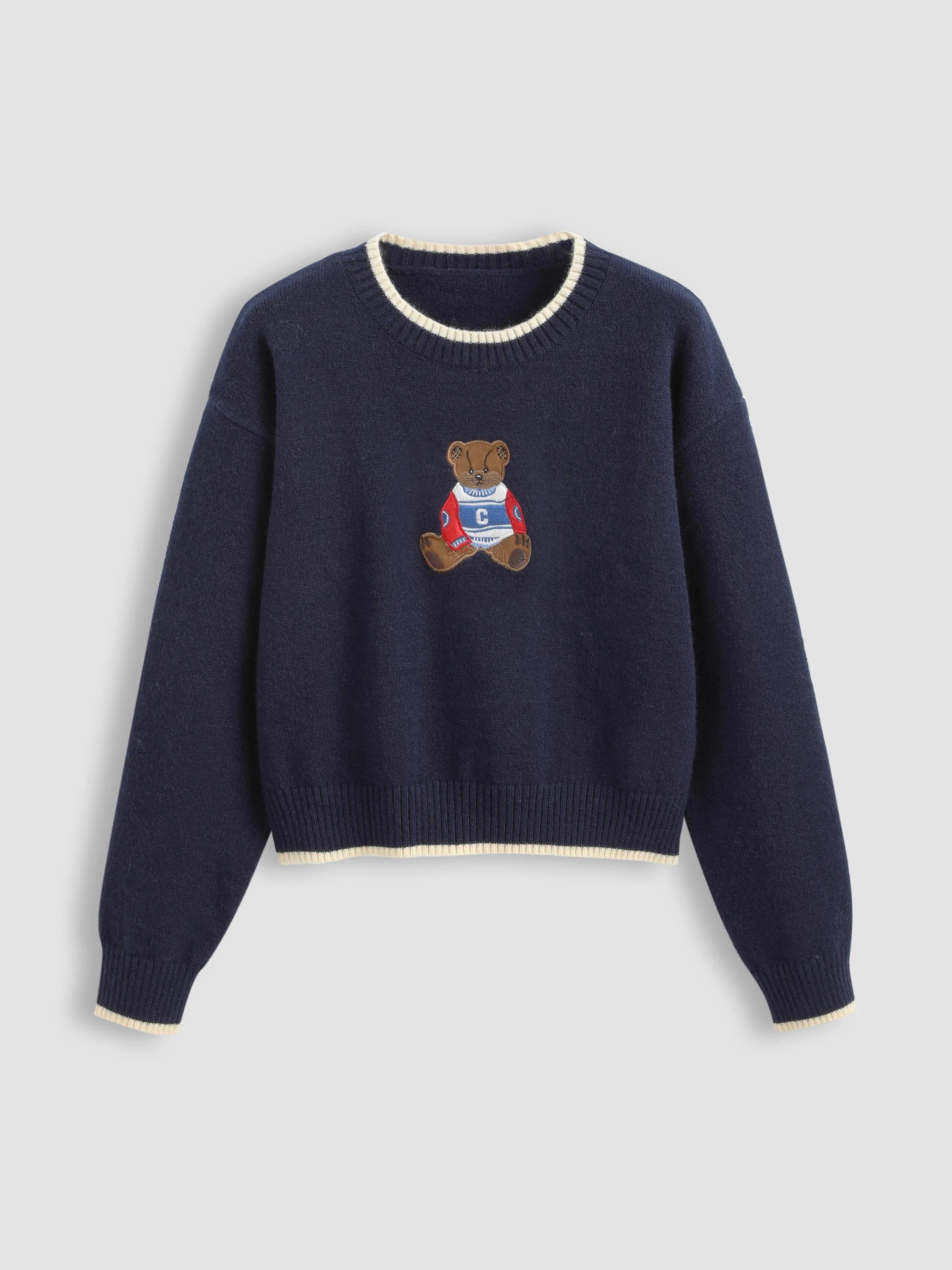 Round Neckline Graphic Bear Long Sleeve Sweater