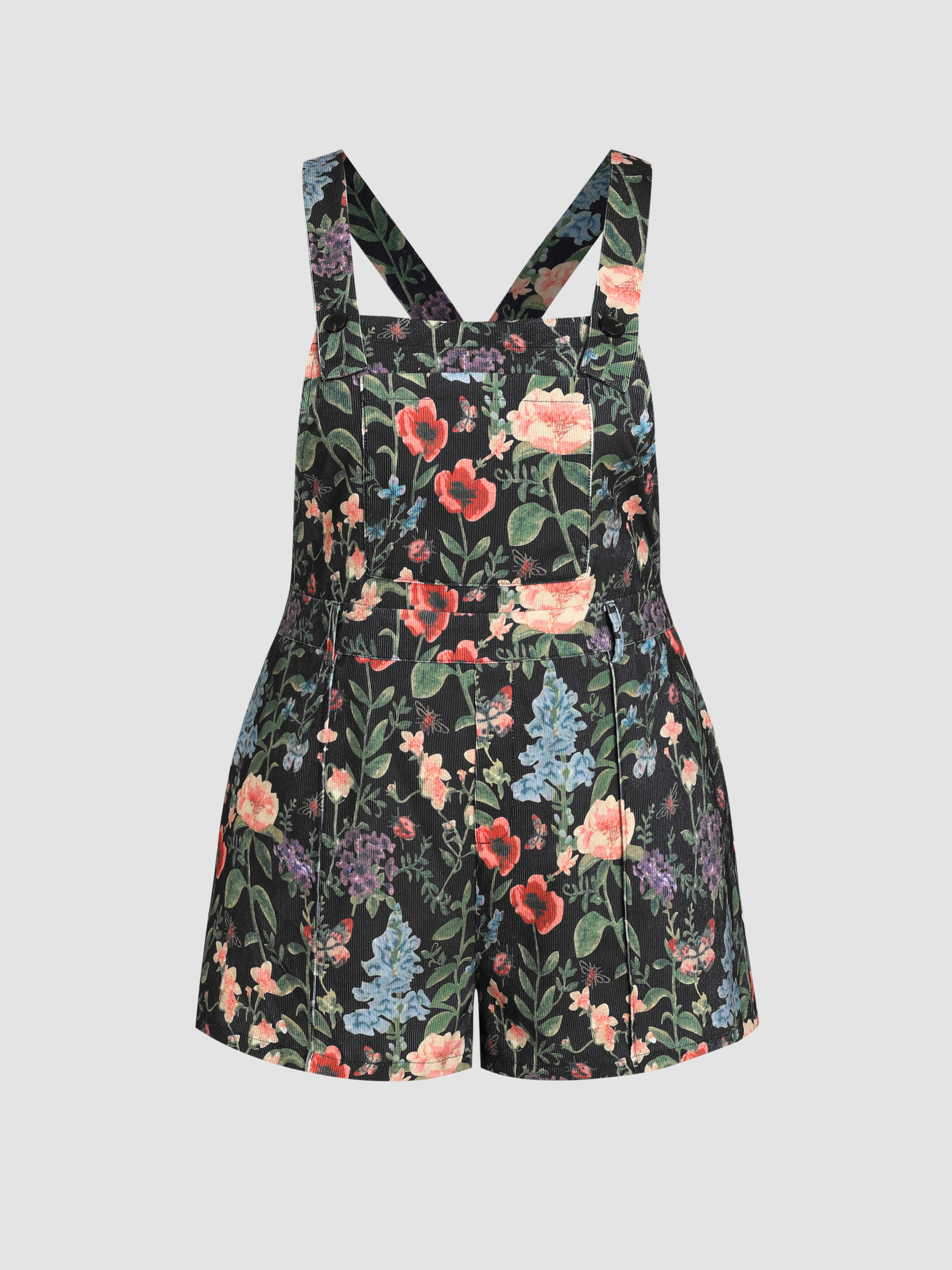 Lightweight Corduroy Floral Button Romper Curve & Plus