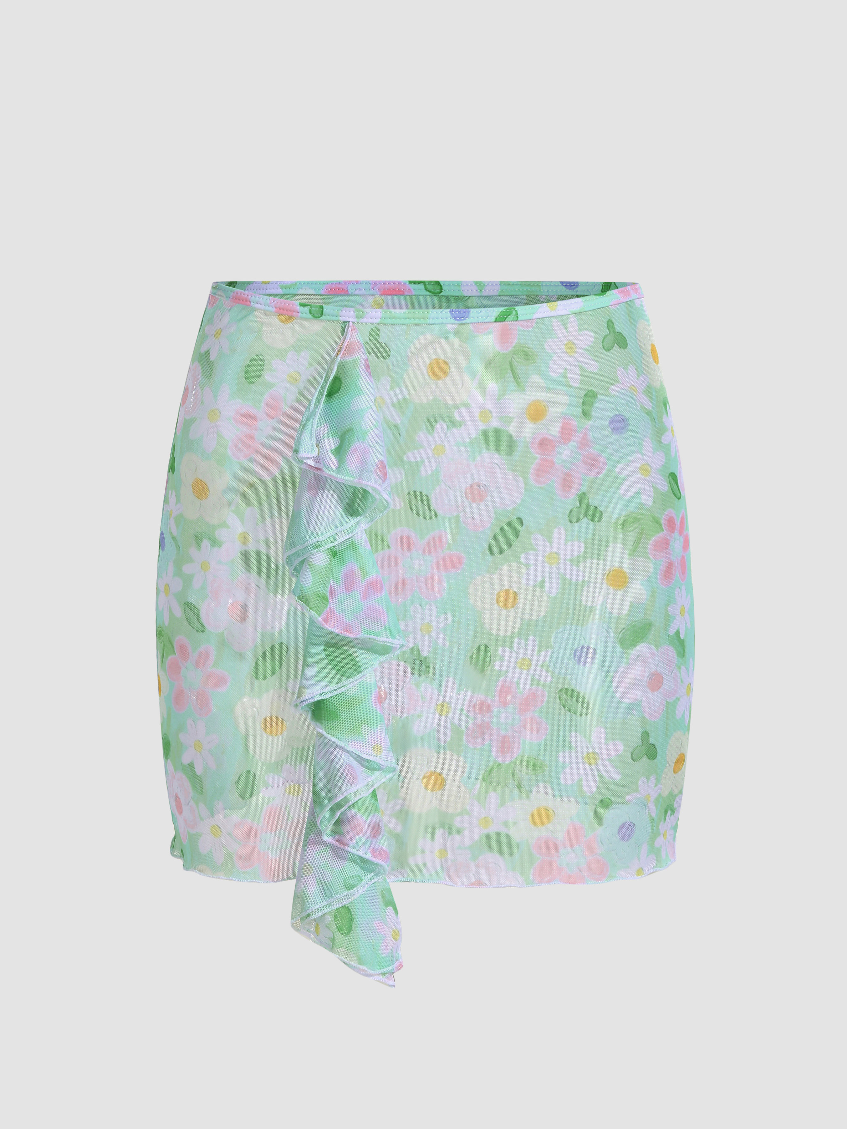 Floral Ruffle Trim Tie Side Cover Up Skirt