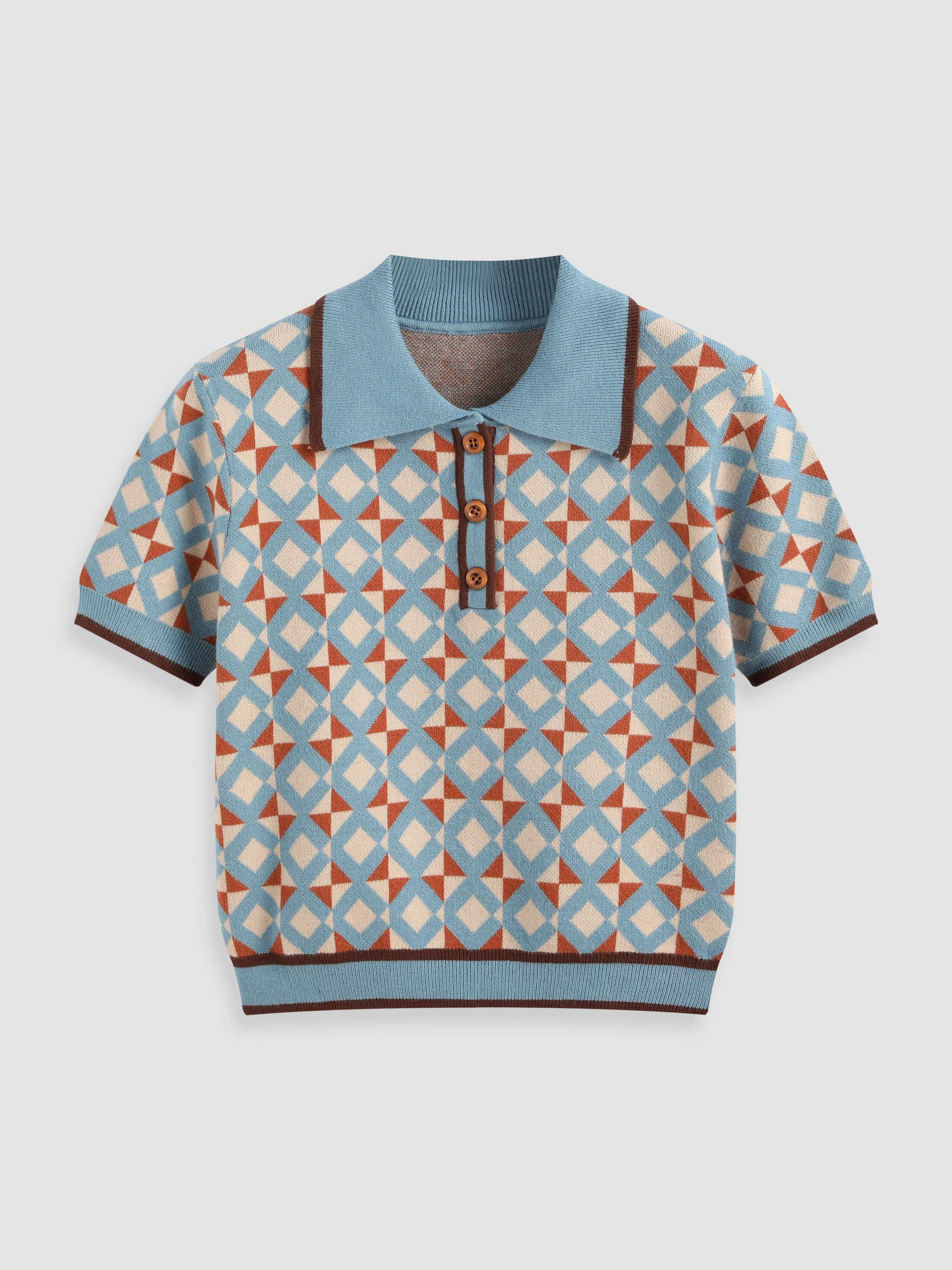 Knit Collar Geometric Button Short Sleeve Top