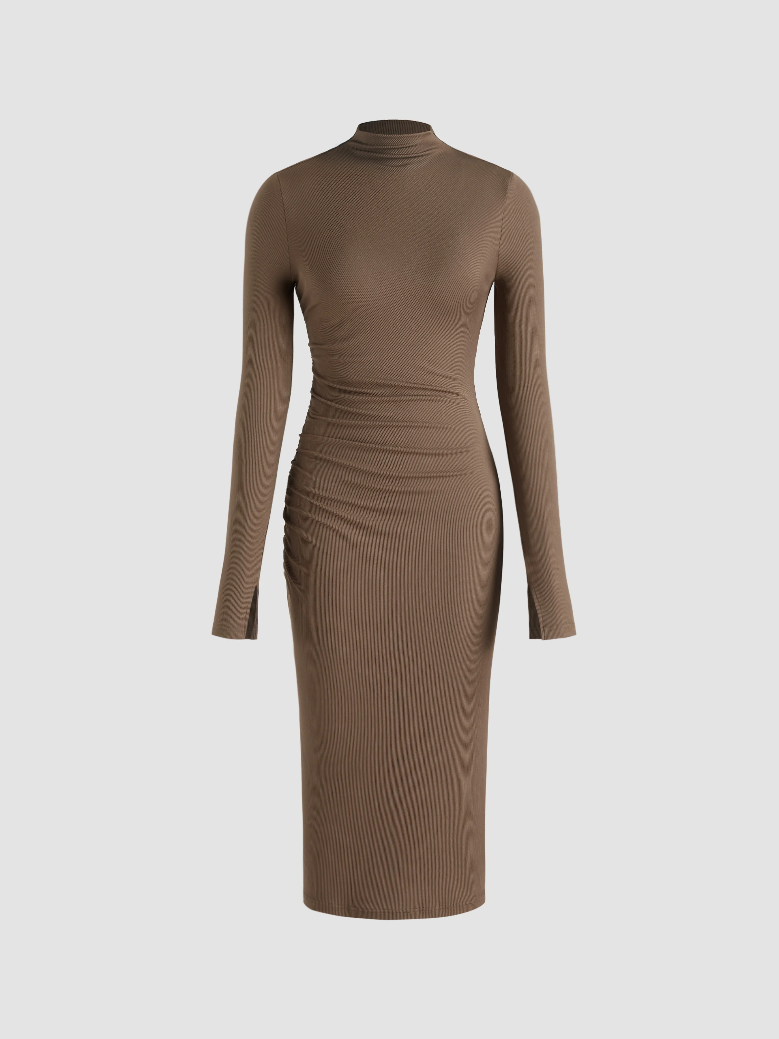 High Neck Solid Ruched Midi Dress