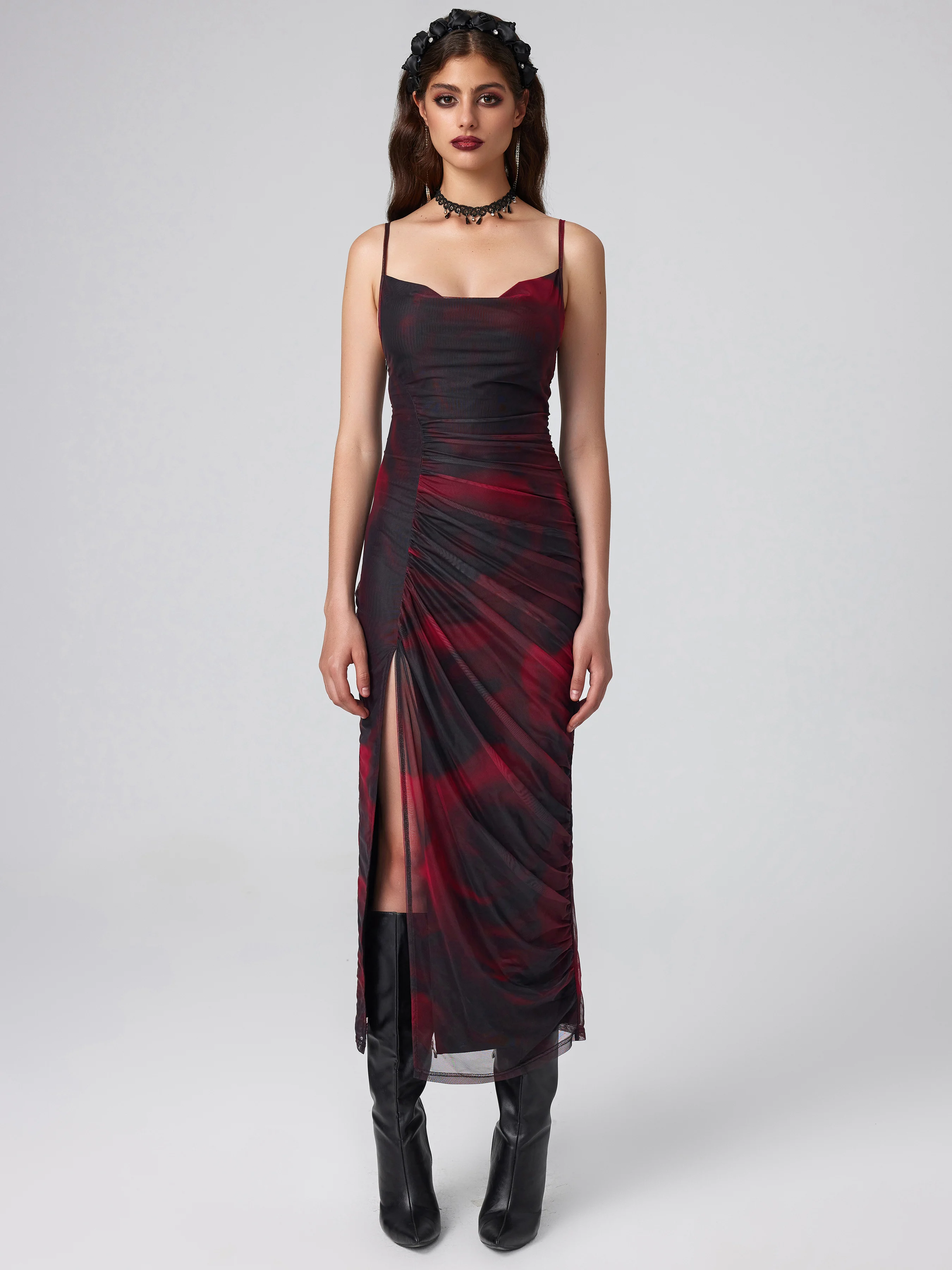 Mesh Cowl Neck Ruched Split Midi Dress
