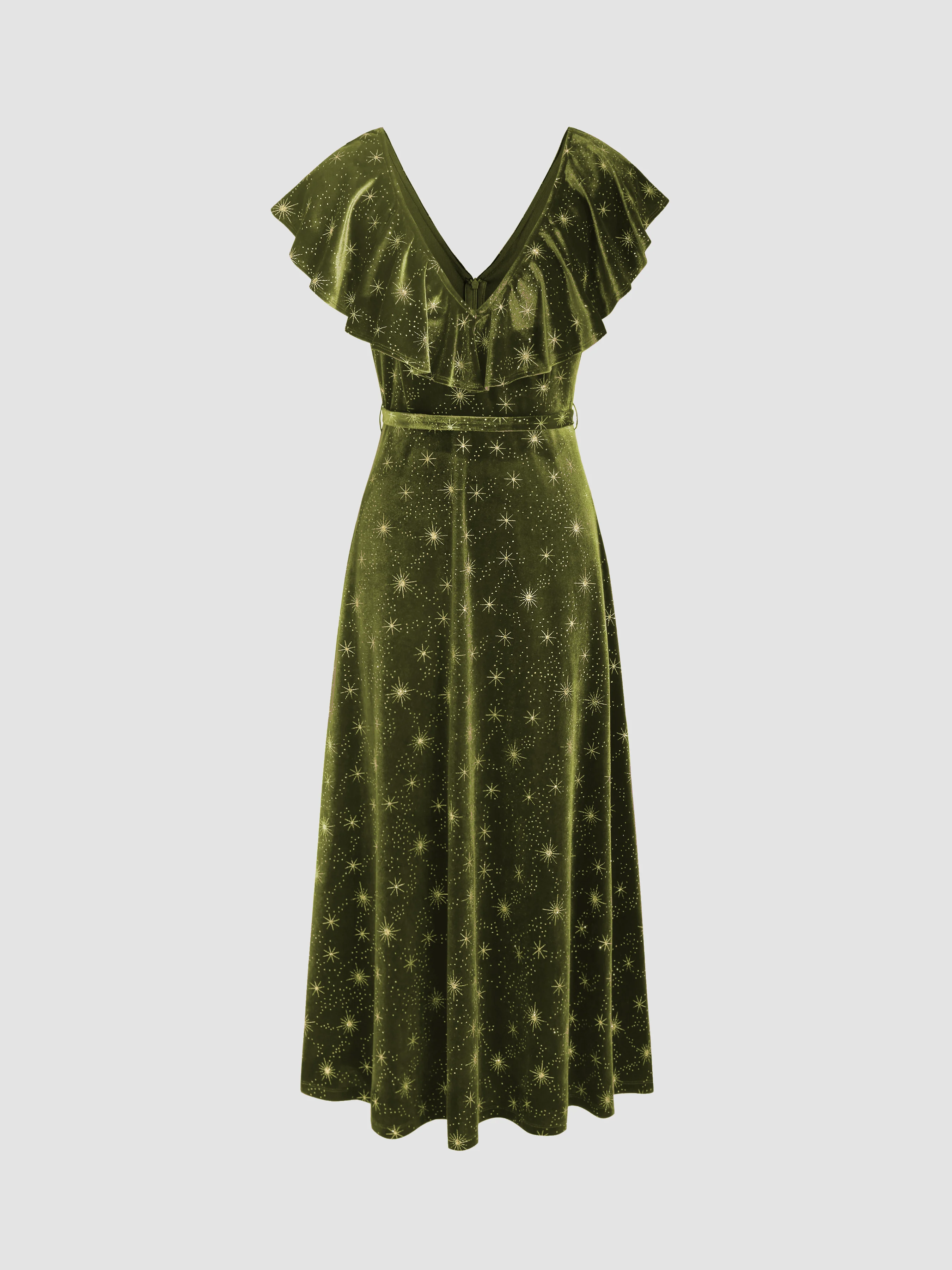 Velvet V-neck Star Ruffle Tie Back Midi Dress