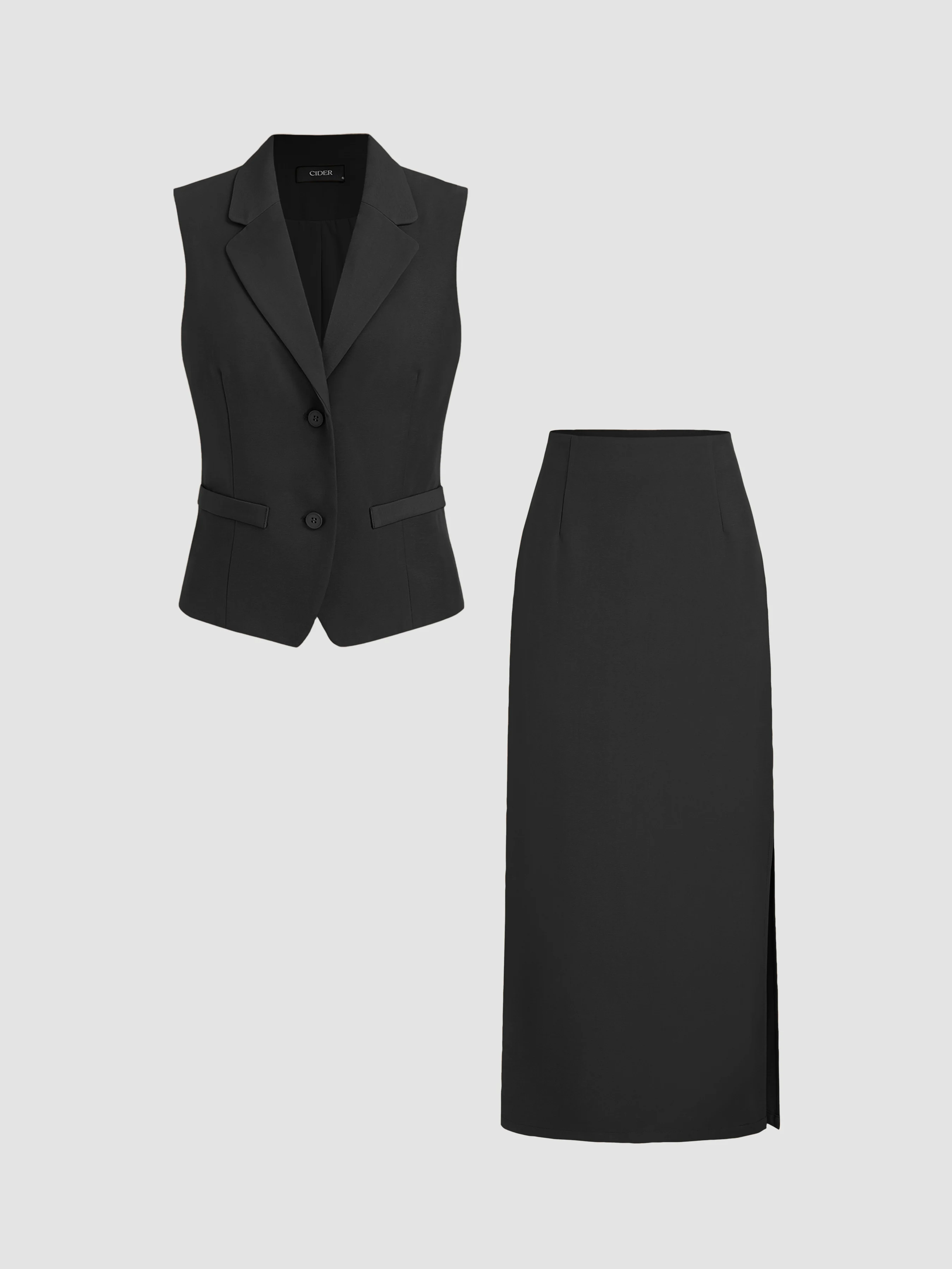V-neck Solid Button Vest & Split Maxi Skirt Matching Set