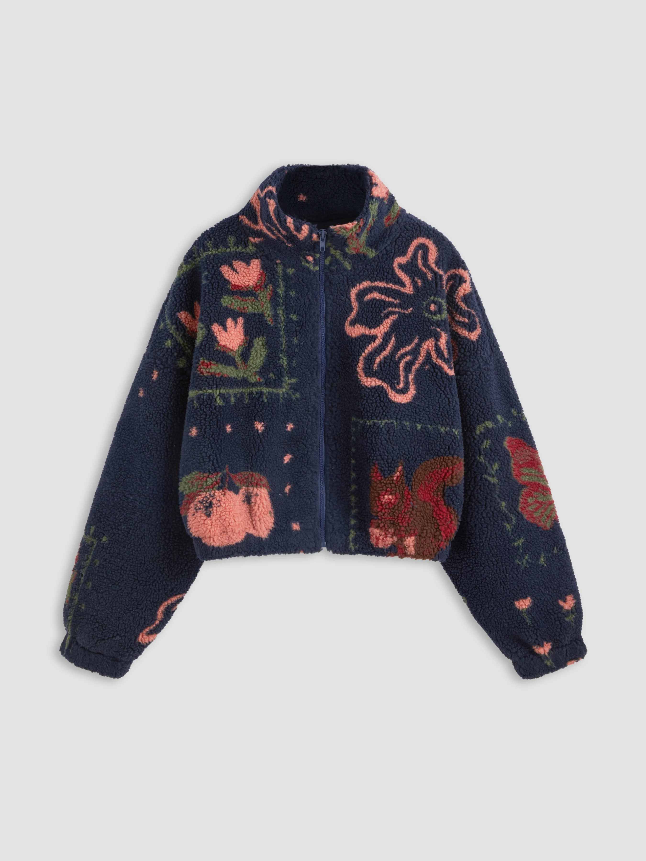 Fleece High Neck Graphic Zipper Jacket