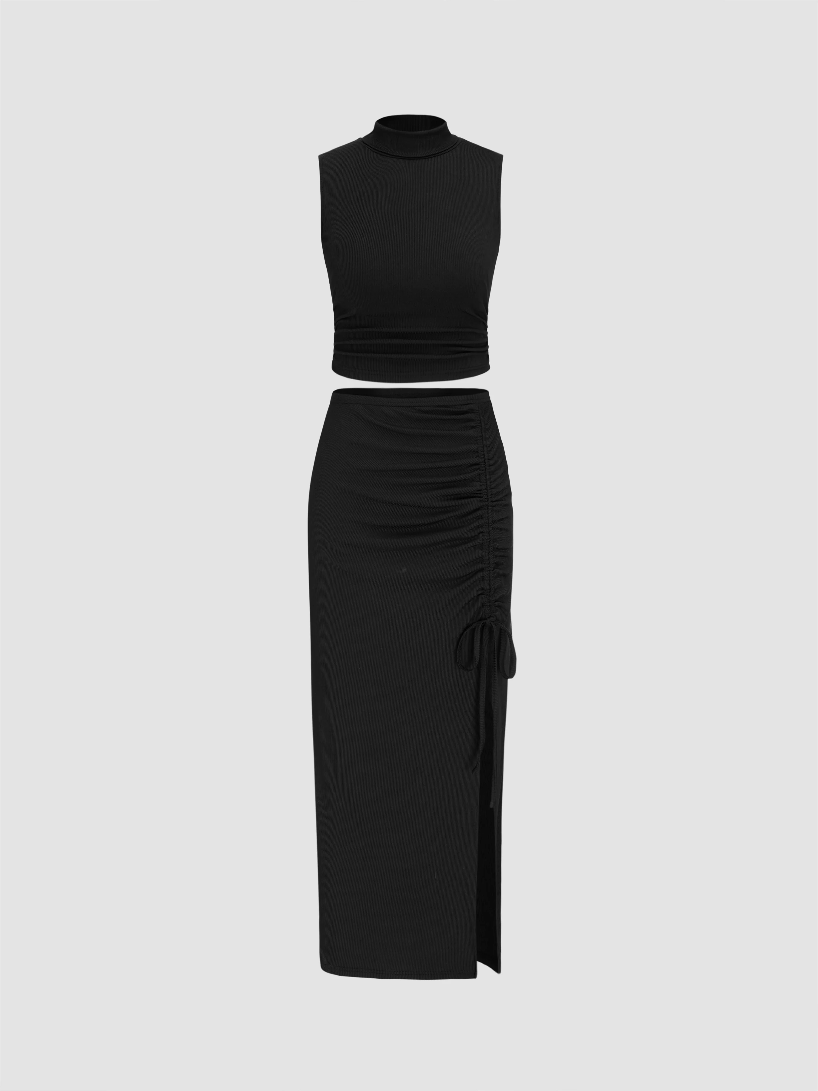 Ruched Tank Top & Knotted Ruched Split Maxi Skirt