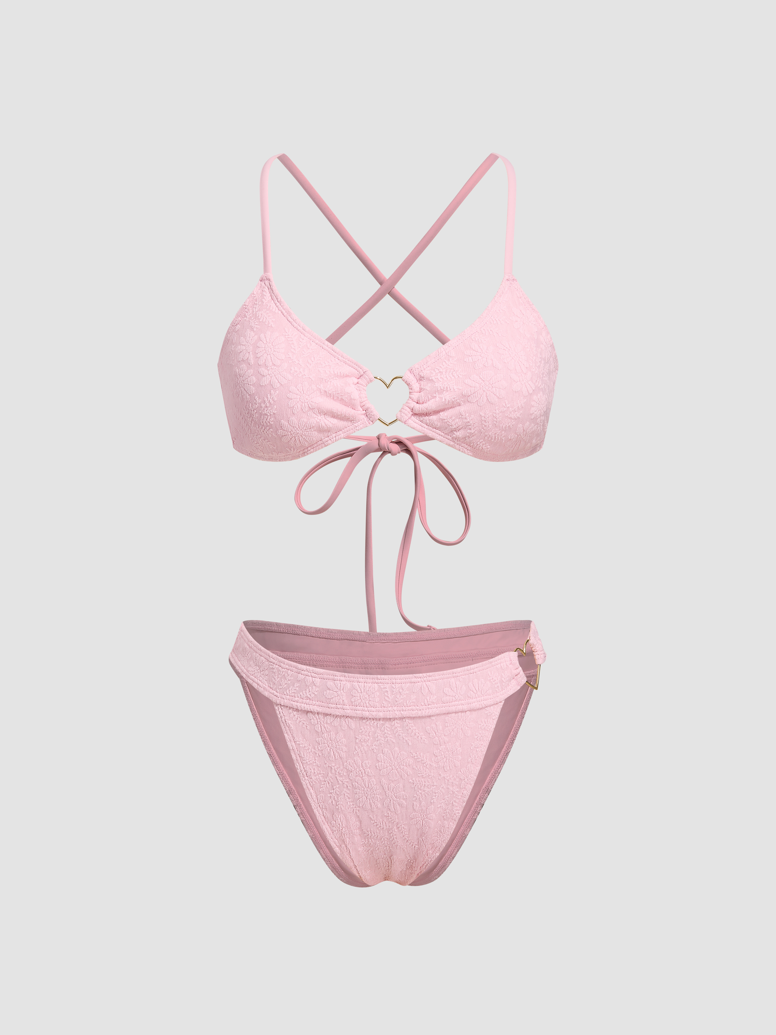 Floral Texture Heart Linked Criss Cross Bikini Swimsuit