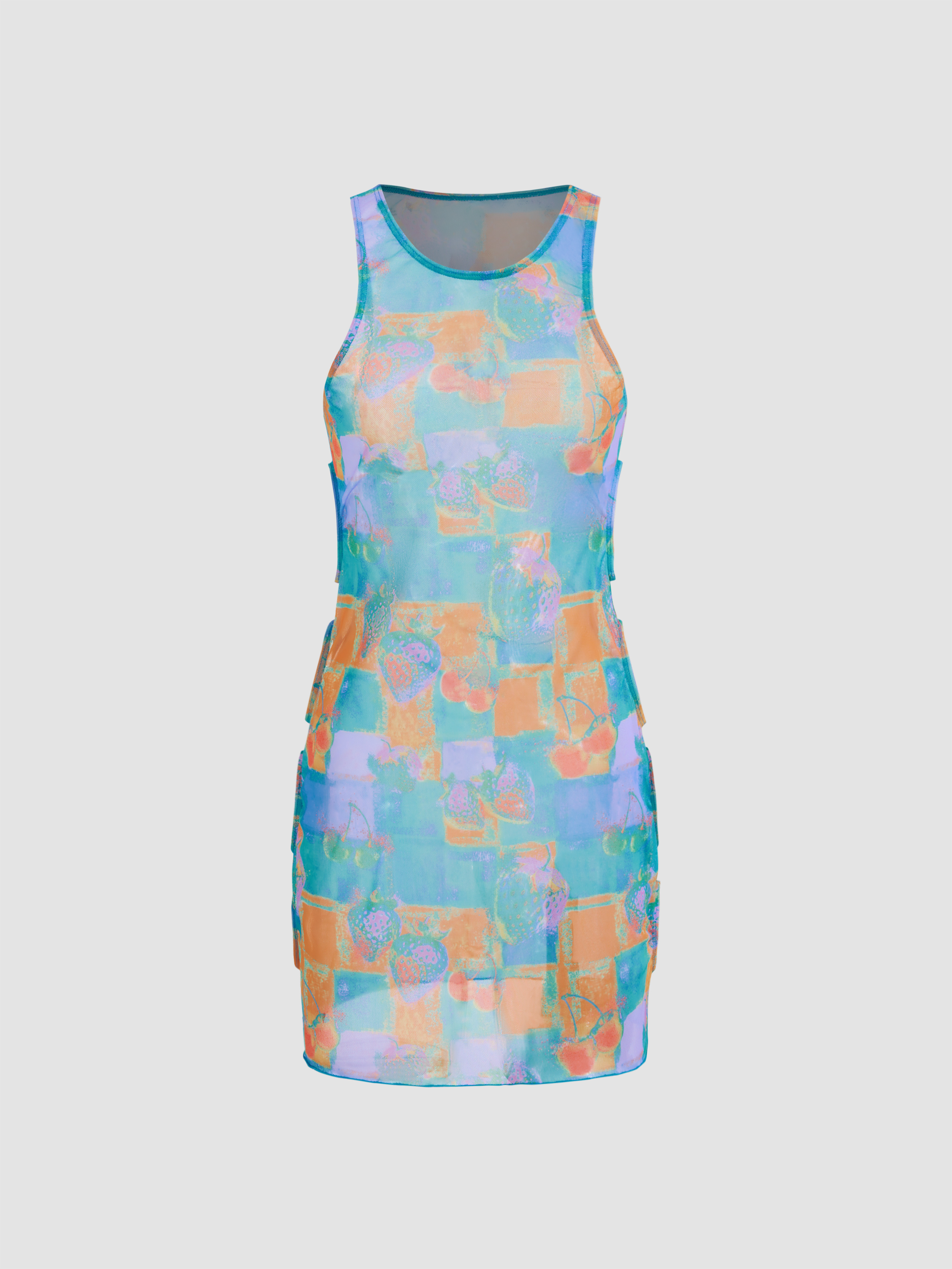 Mesh Round Neck Abstract Cut Out Cover Up Dress