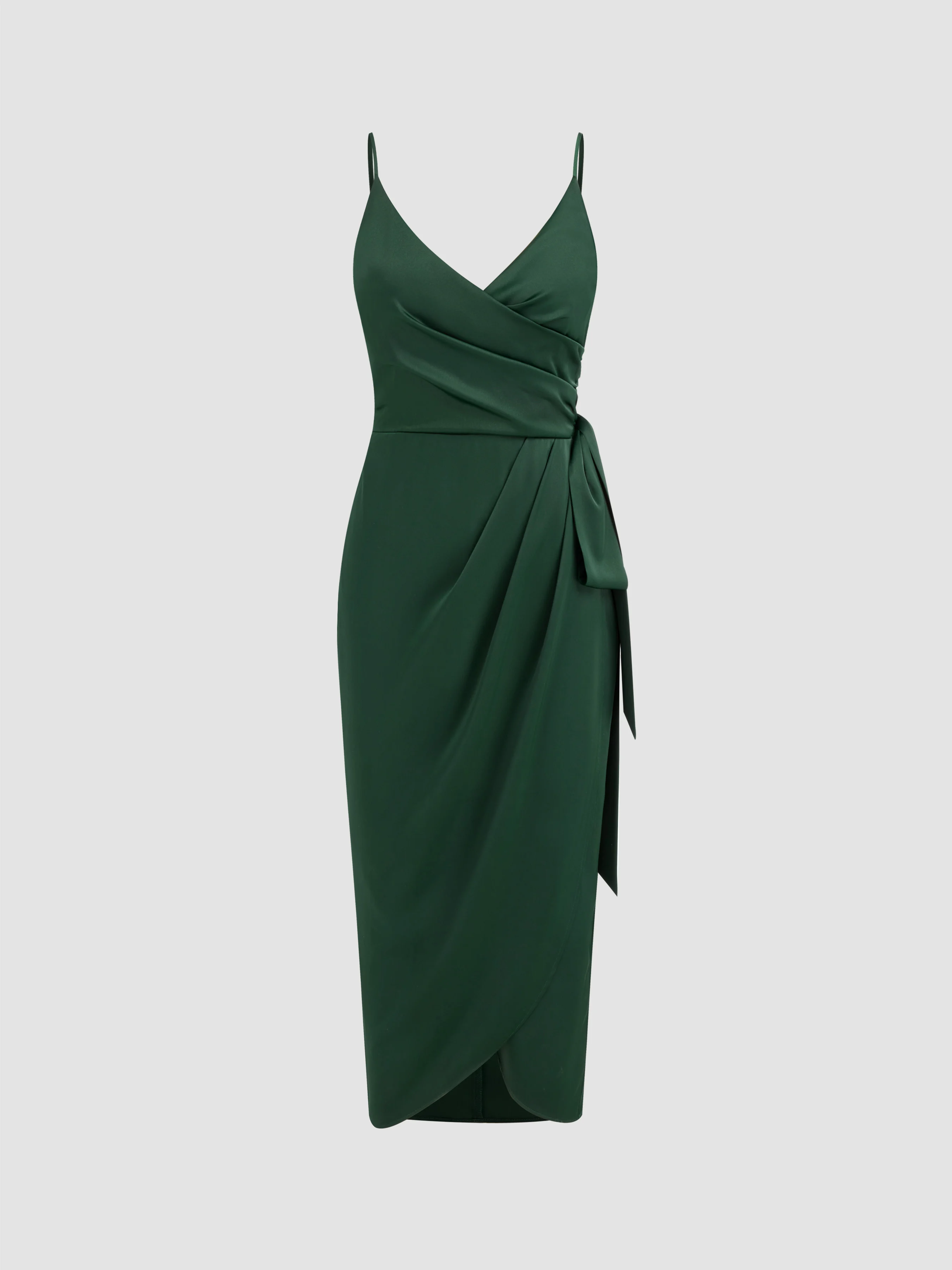 Satin V-neck Wrap Knotted Maxi Dress