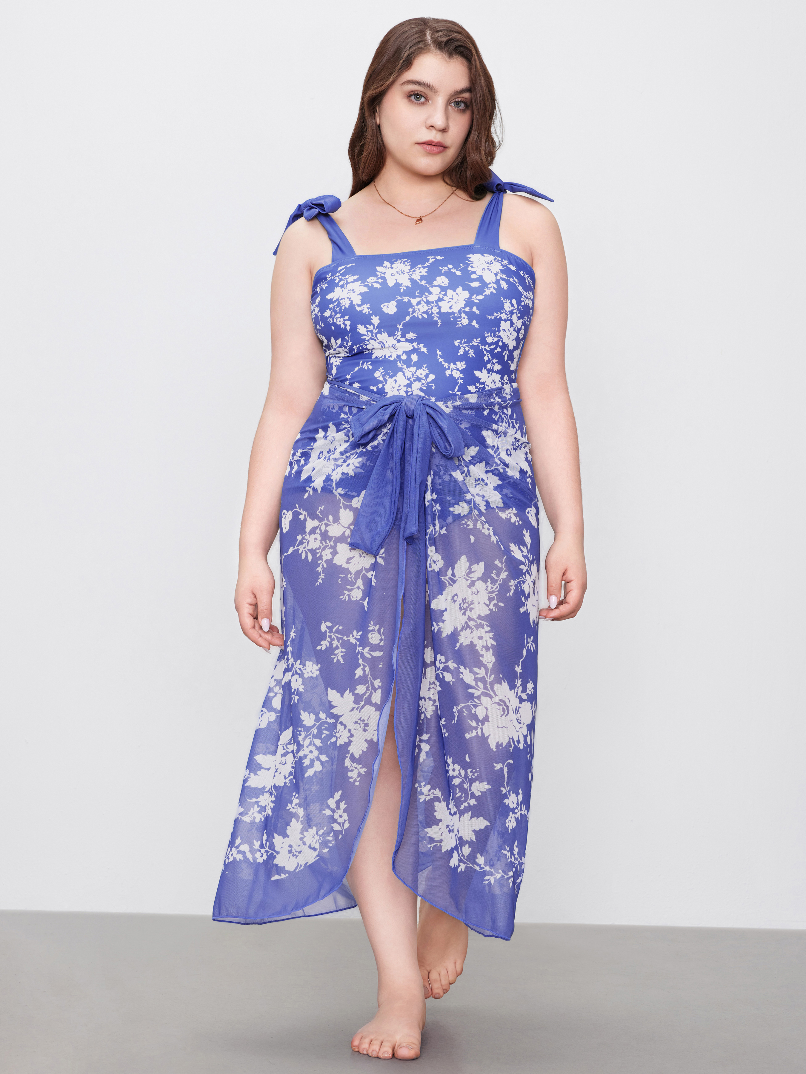 Square Neck Bowknot Floral One Piece Swimsuit & Sarong Curve & Plus