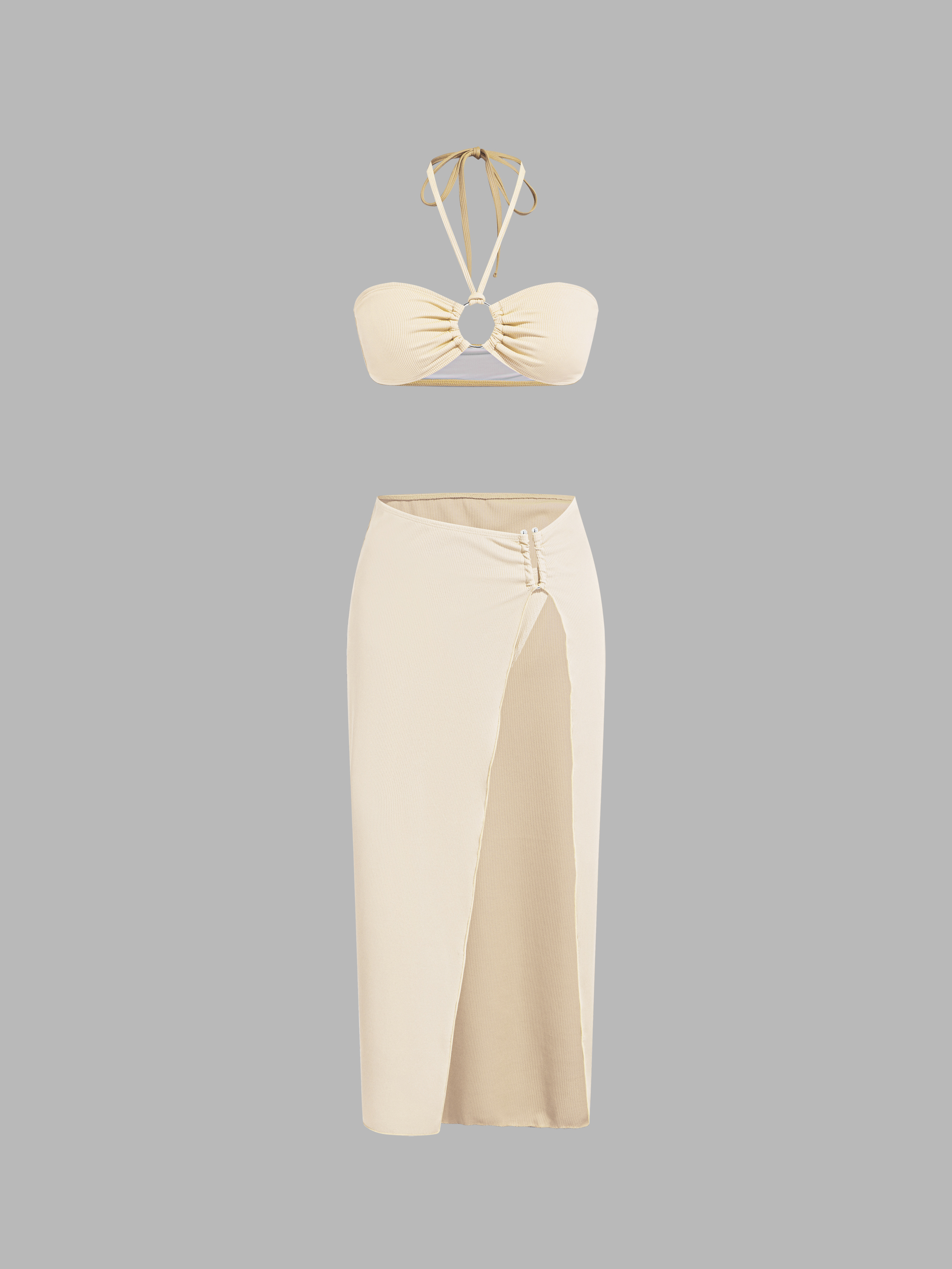 V-neck Solid O-Ring Halter Cheeky Bikini Swimsuit With Cover Up Beach Skirt