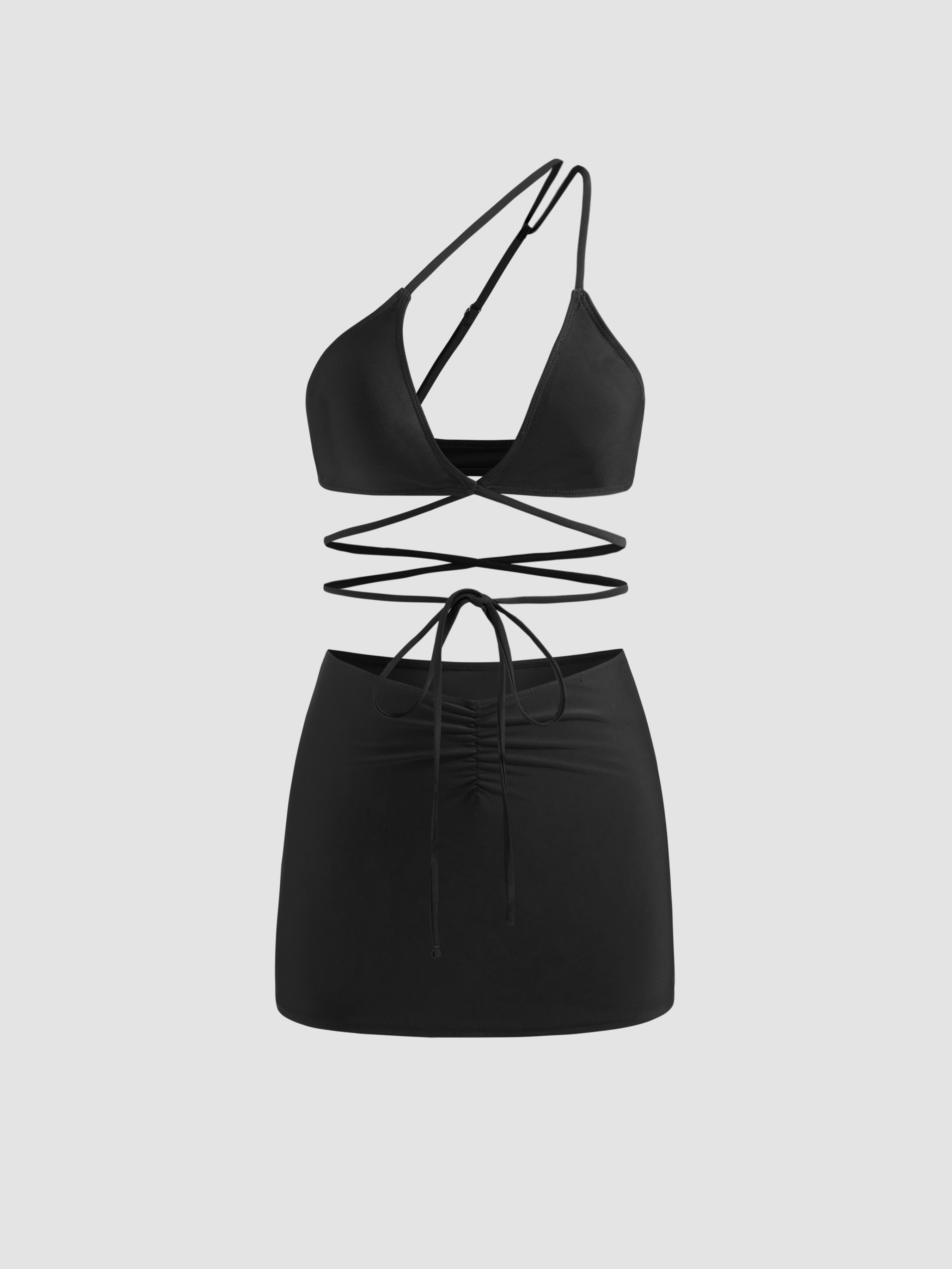 Asymmetrical Neck Solid One Shoulder Cheeky Bikini Swimsuit With Cover Up Skirt