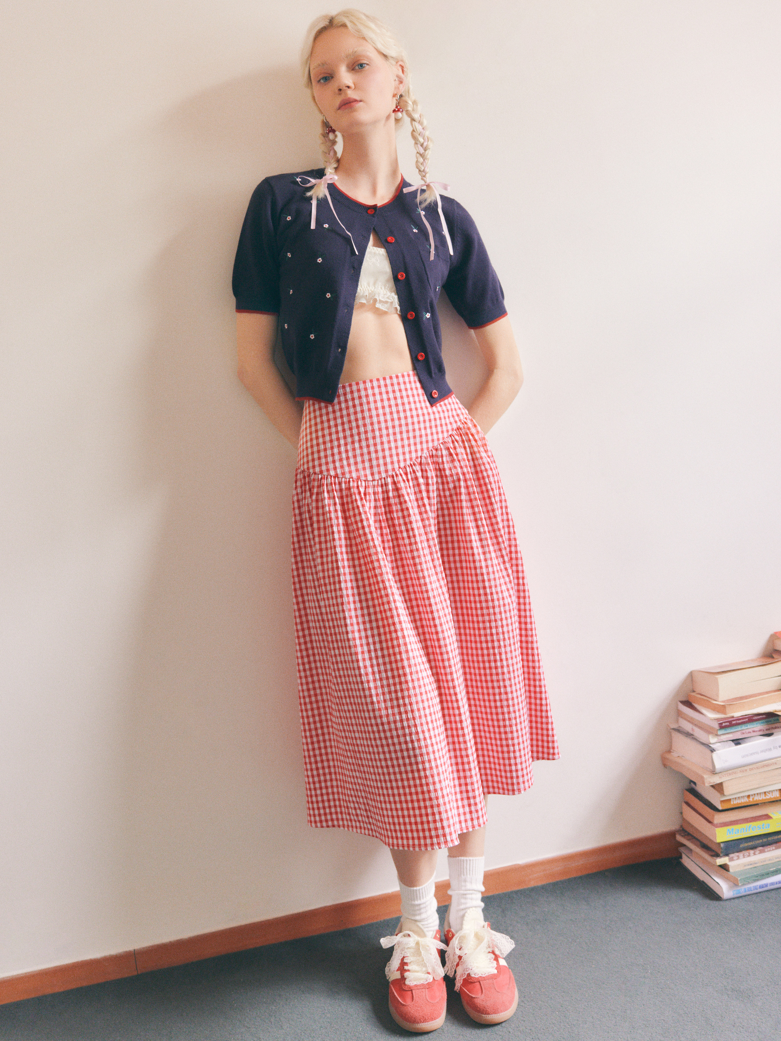 Low Rise Gingham Zipper Midi Skirt