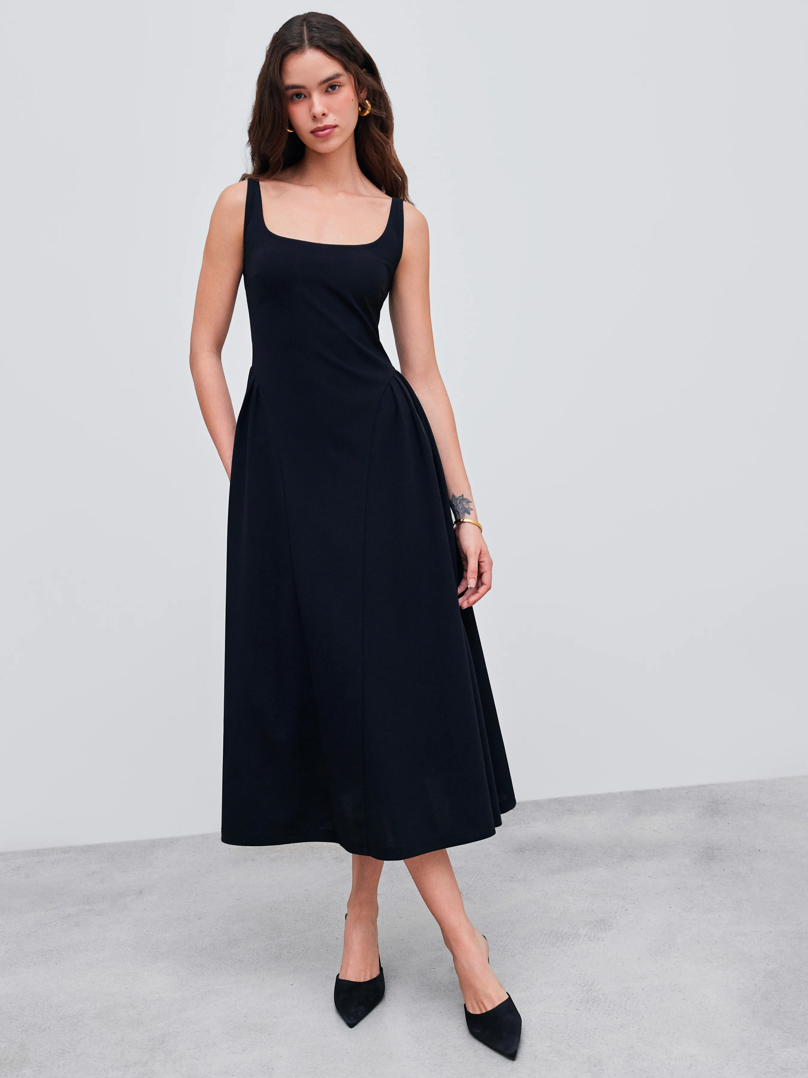 Woven Square Neck Solid Midi Dress