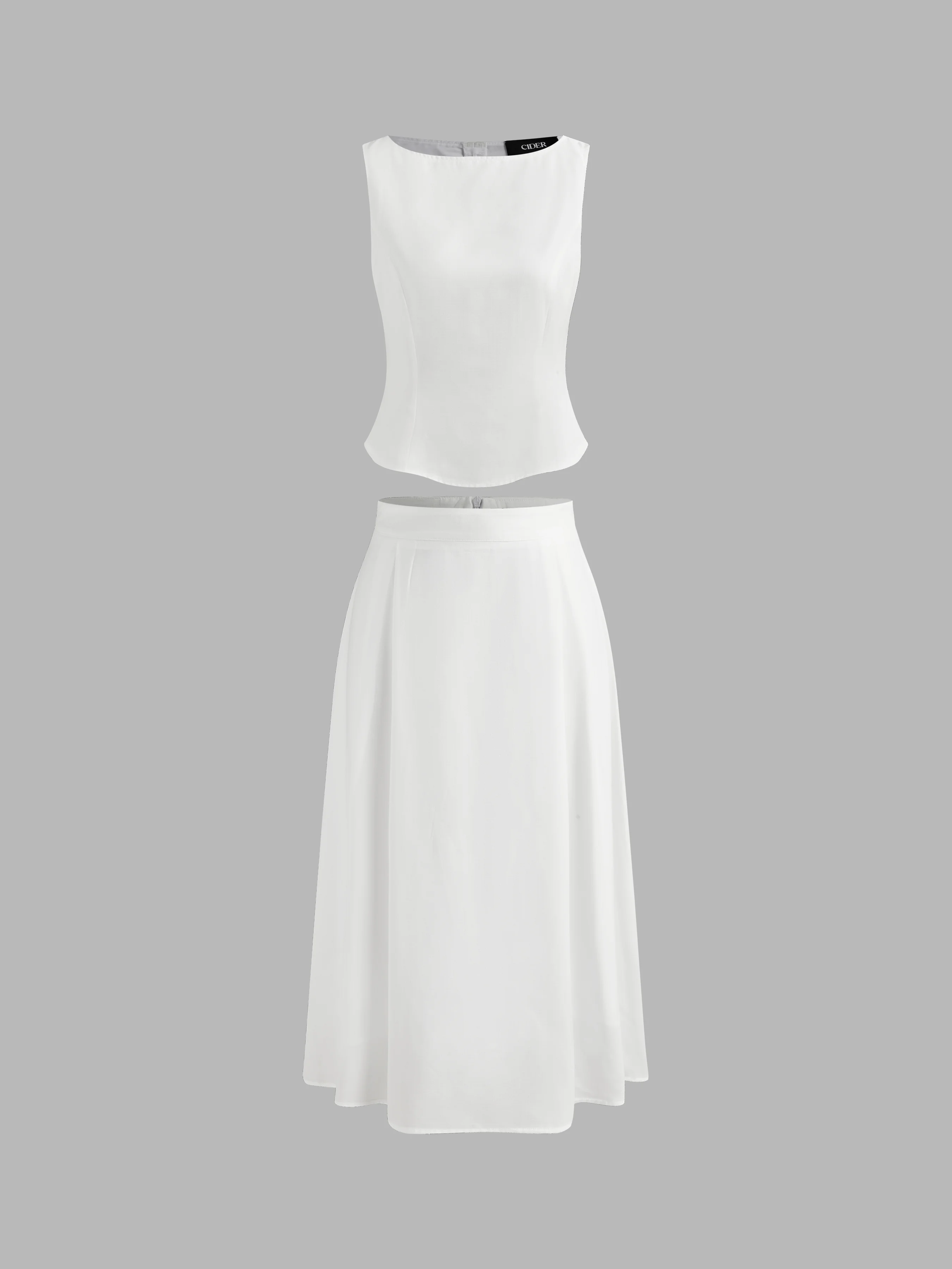 Woven Boat Neck Solid Tank Top & Mid Rise Midi Skirt