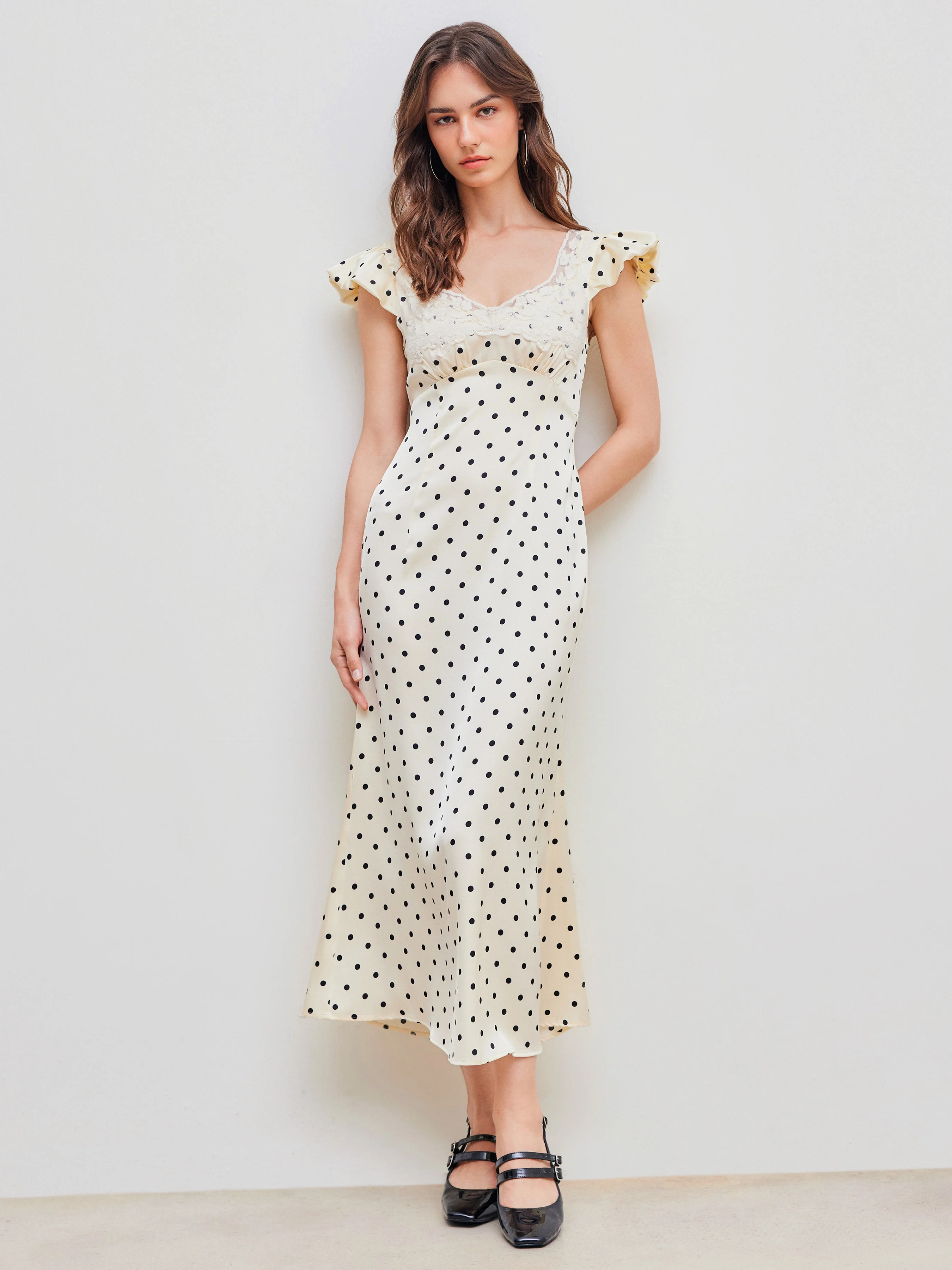 Woven Sweetheart Polka Dot Lace Trim Maxi Dress