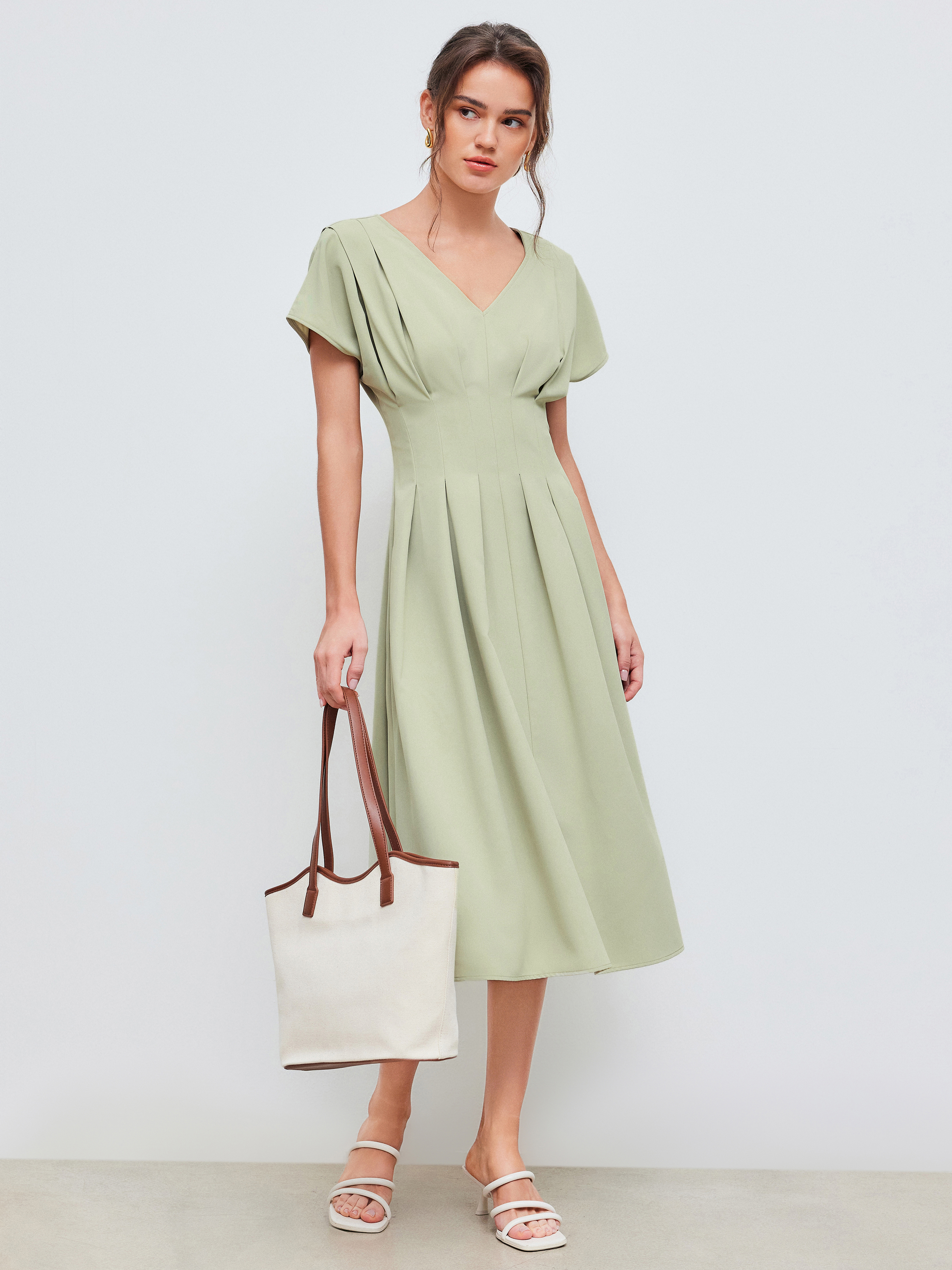 V-neck Solid Pleated Midi Dress