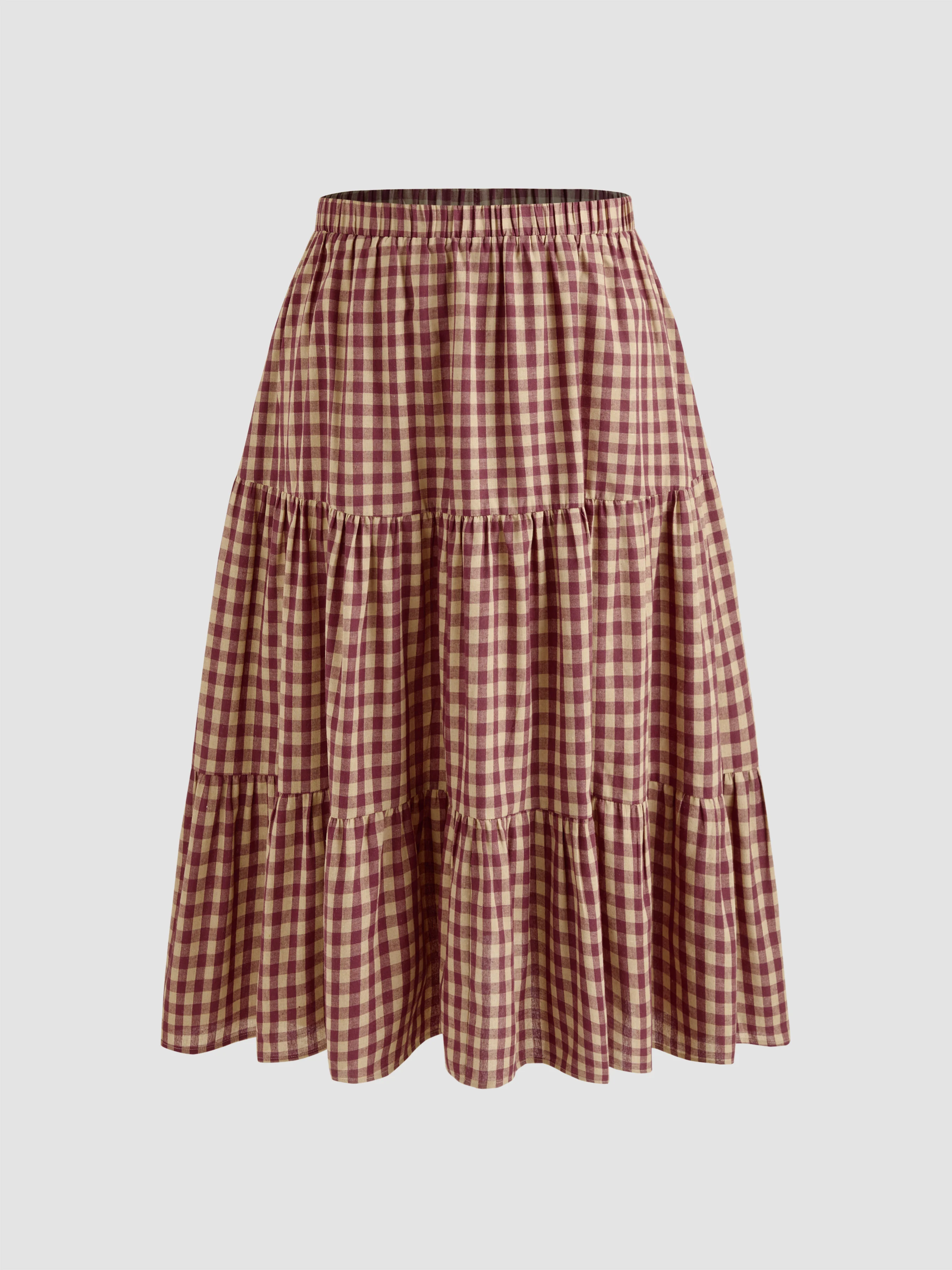 Cotton-blend Mid Rise Check Layered Maxi Skirt Curve & Plus