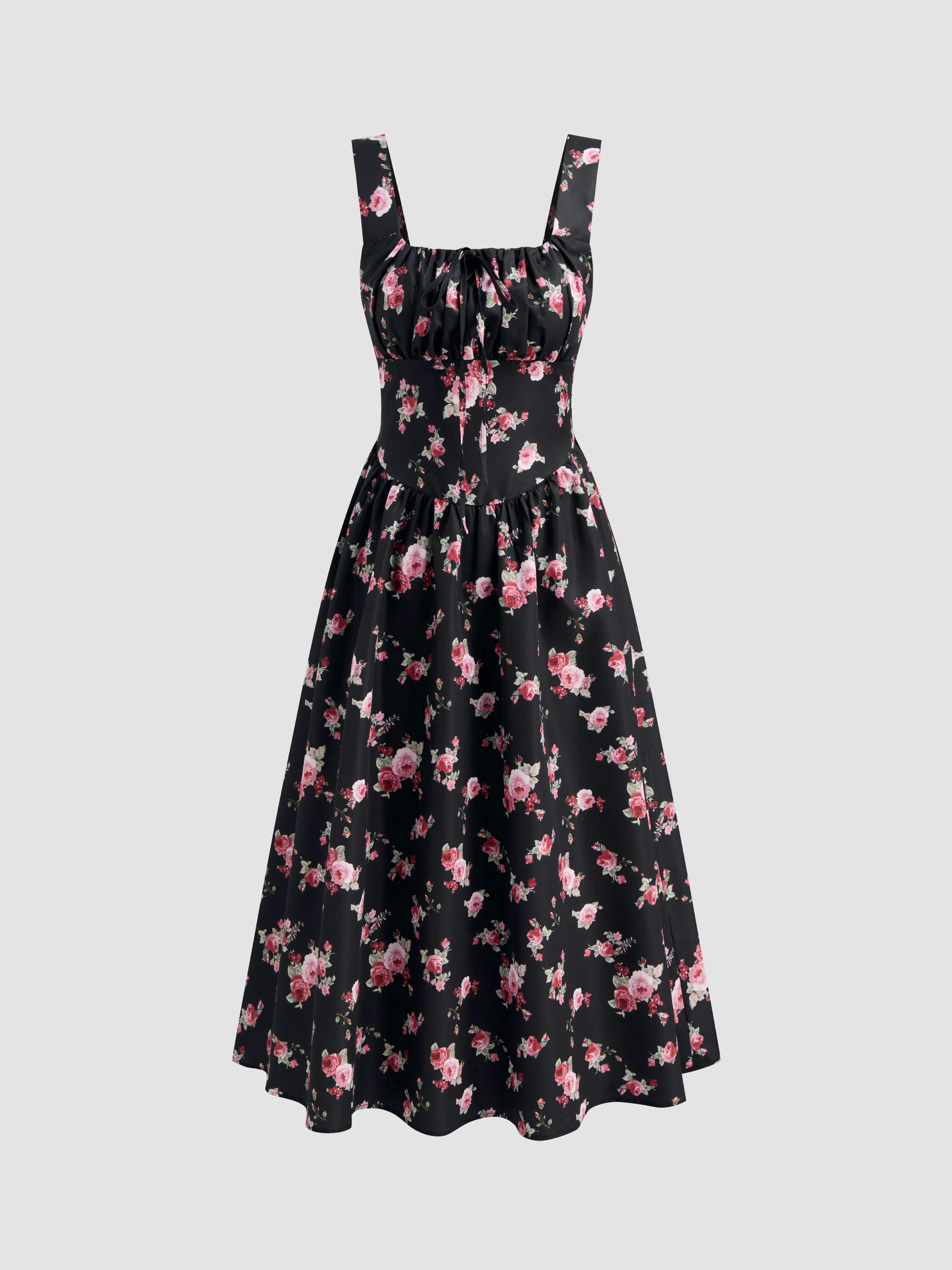 Square Neck Floral Knotted Midi Dress