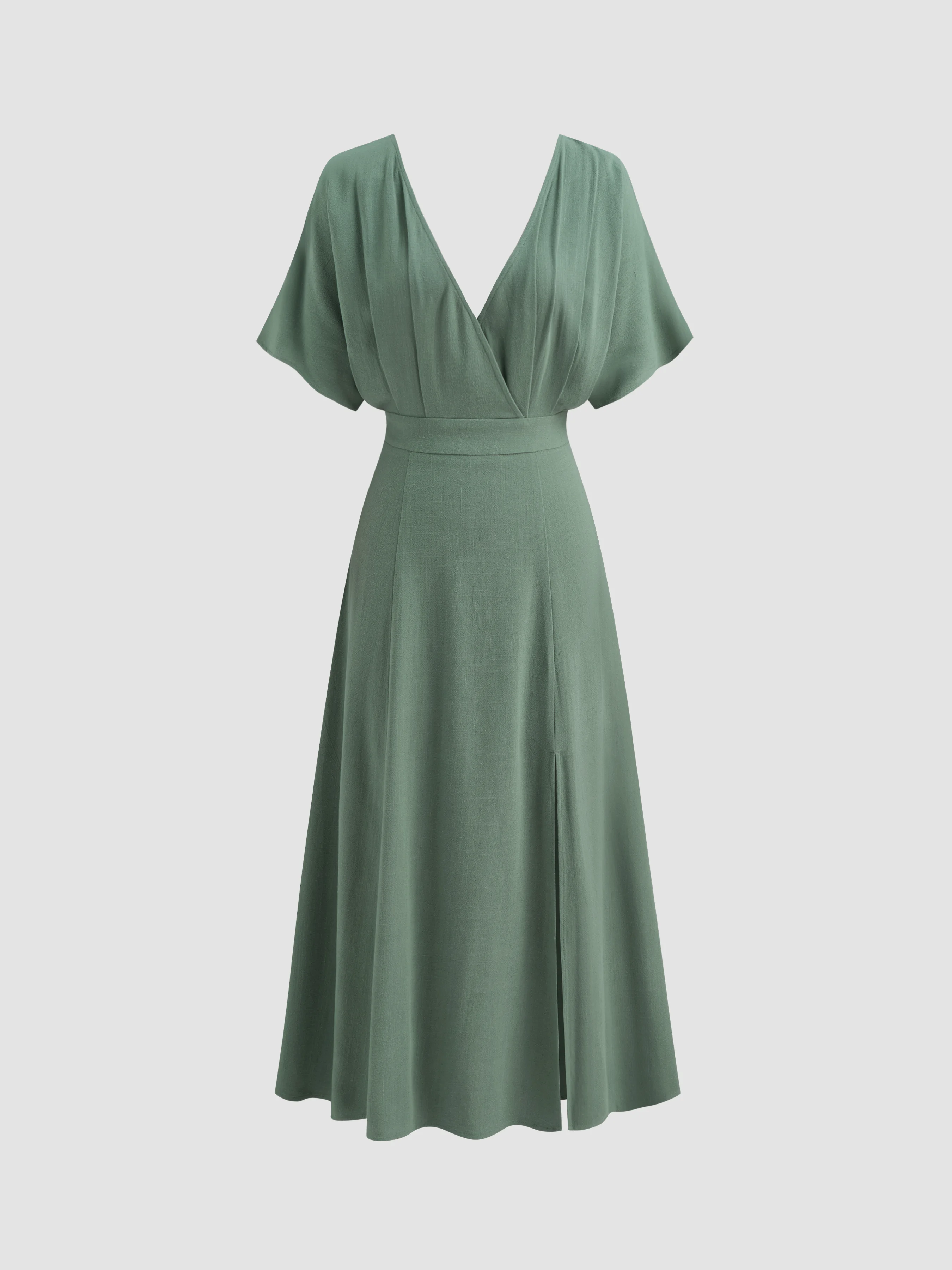 Linen-blend V-neck Solid Ruffle Split Maxi Dress