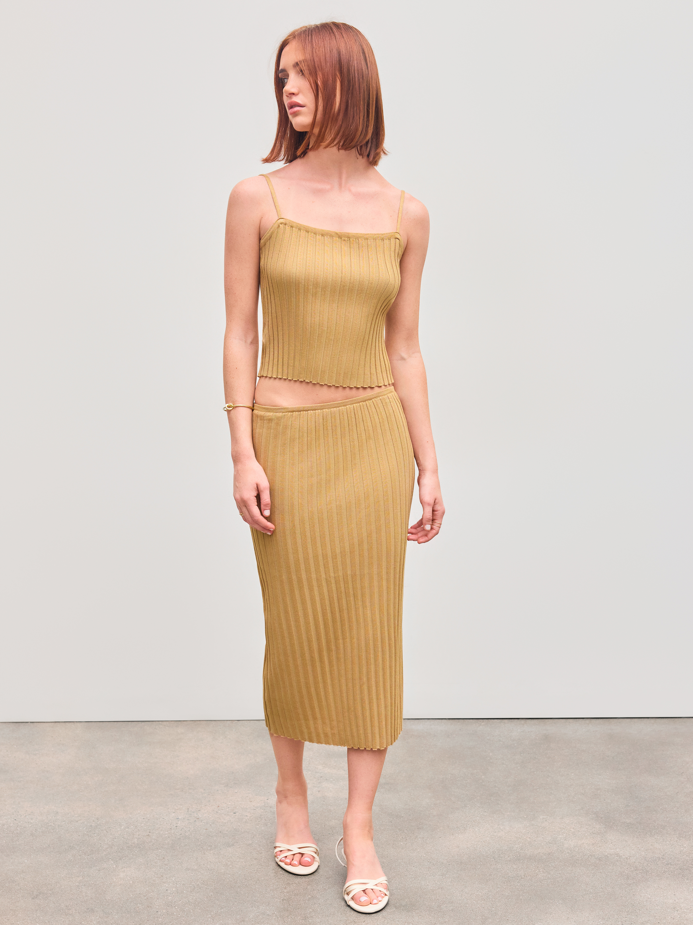 Knit Square Neck Solid Cami Top With Knit Mid Rise Solid Midi Skirt