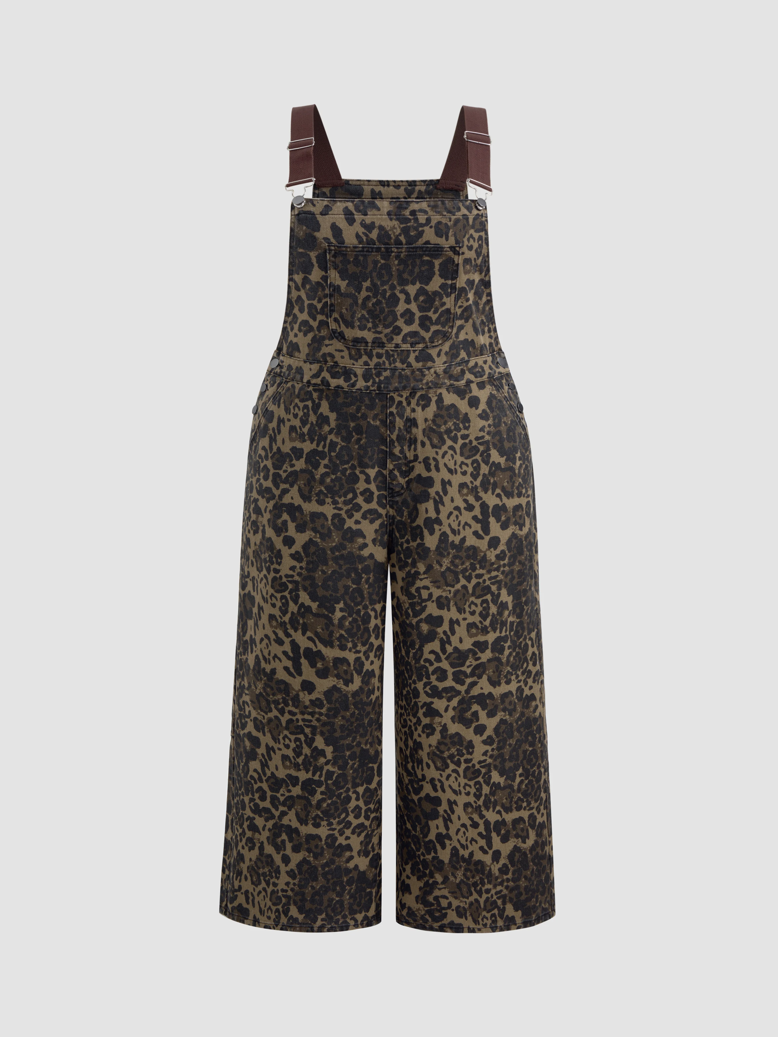 Denim Leopard Button Pocket Wide Leg Jumpsuit Curve & Plus