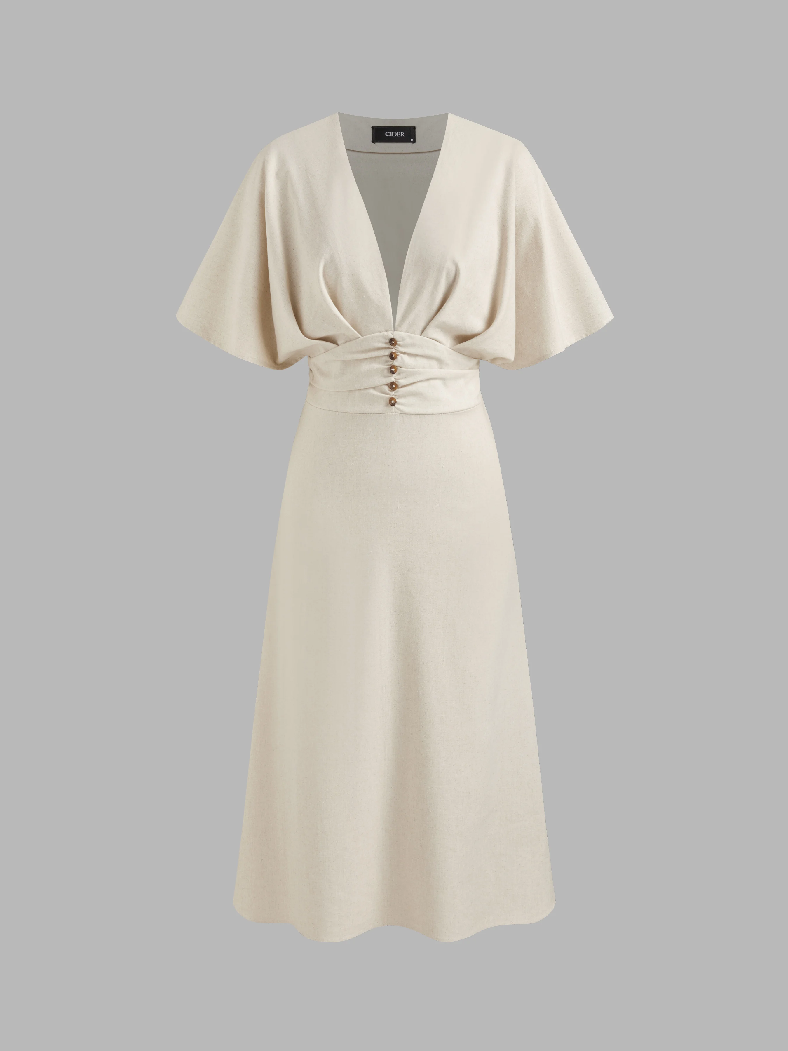 Linen-blend V-neck Solid Ruffle Ruched Midi Dress