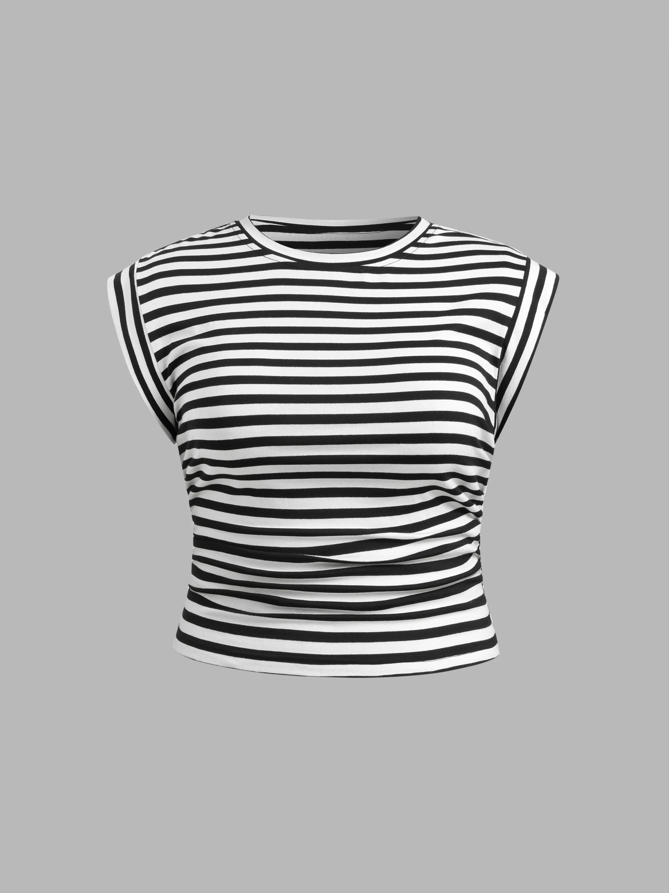 Cotton-blend Round Neckline Striped Ruched Top Curve & Plus