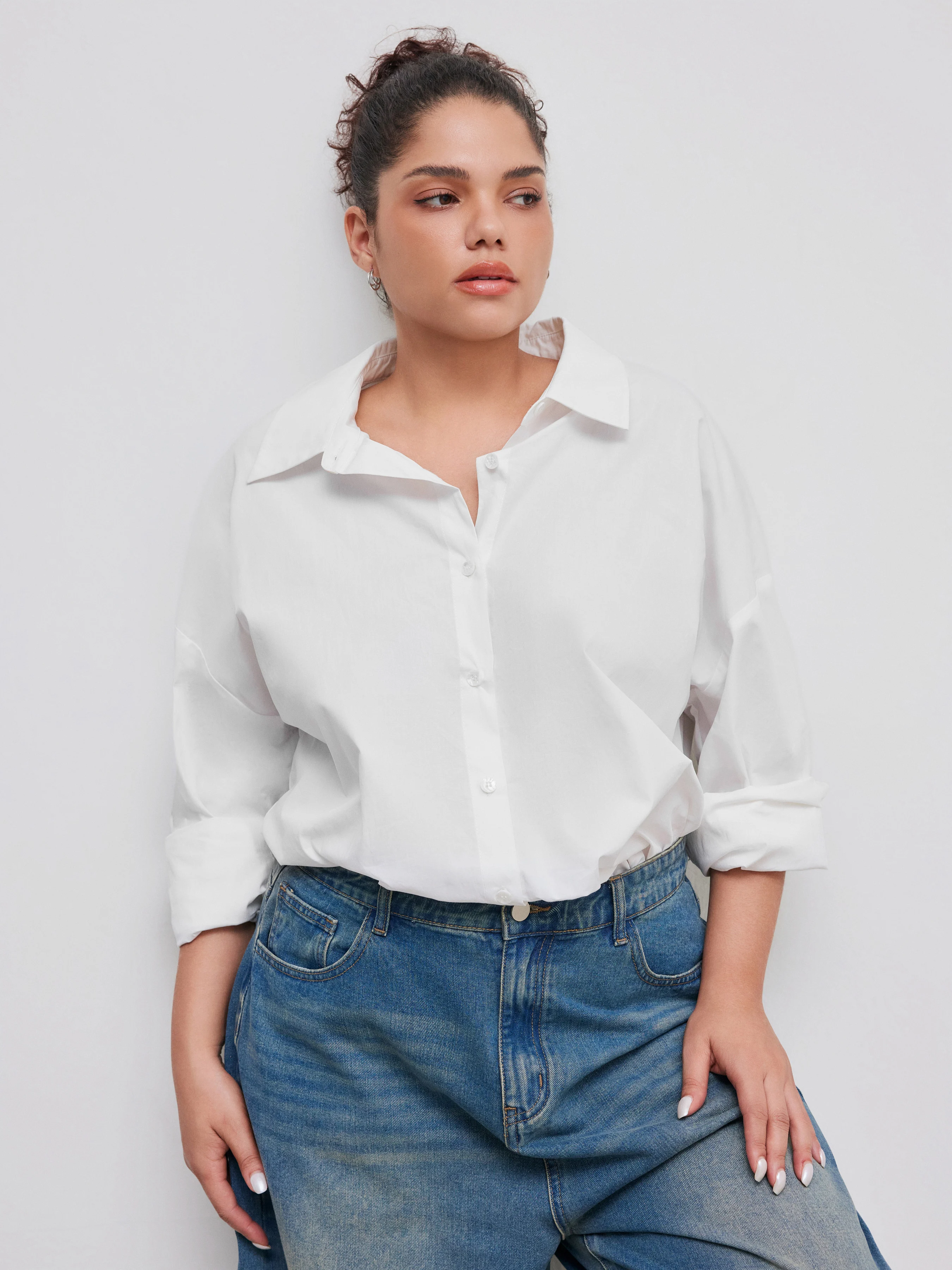 Cotton-blend Collar Solid Button Long Sleeve Oversized Shirt Curve & Plus