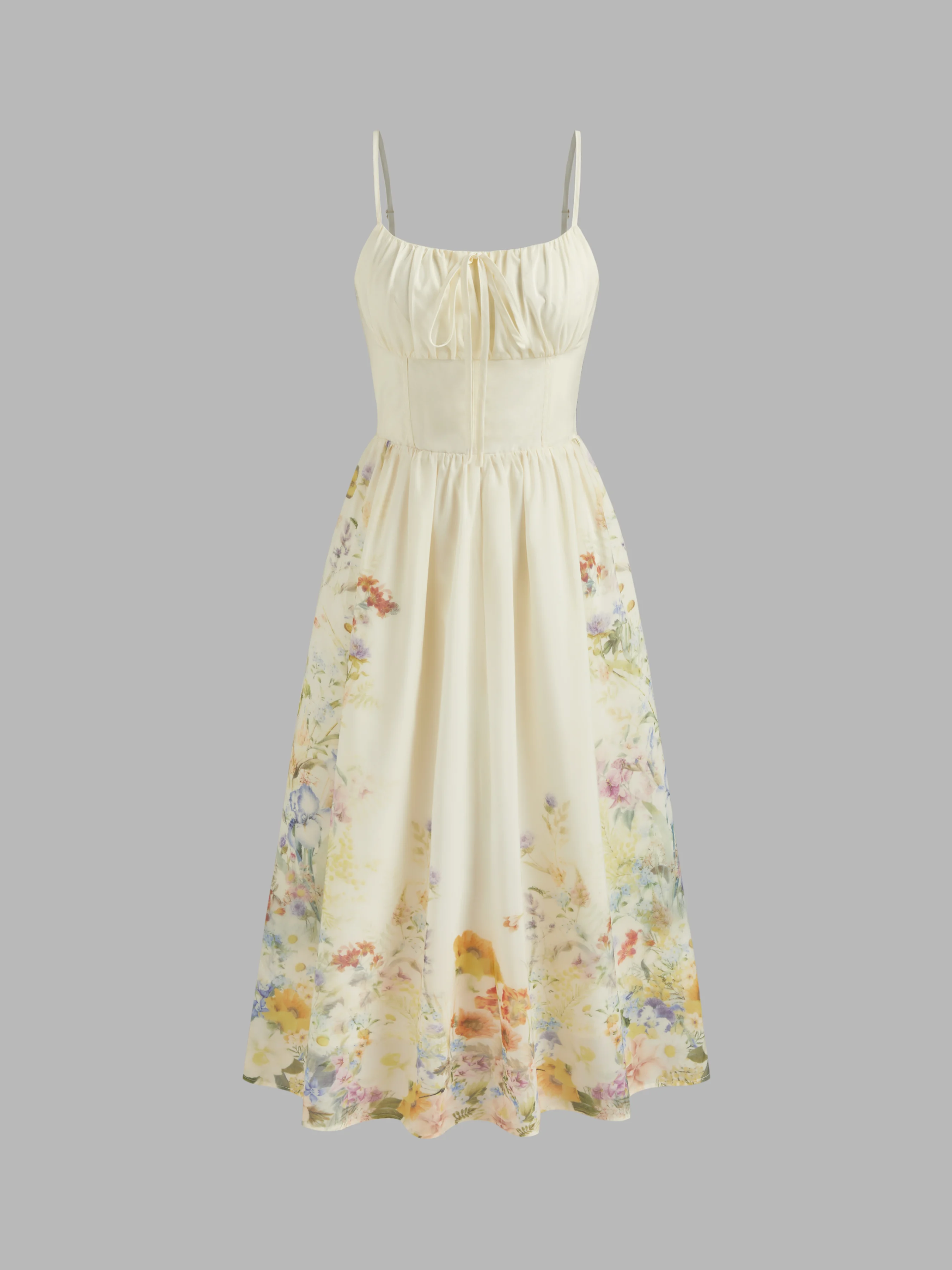 Square Neck Floral Shirred Midi Dress