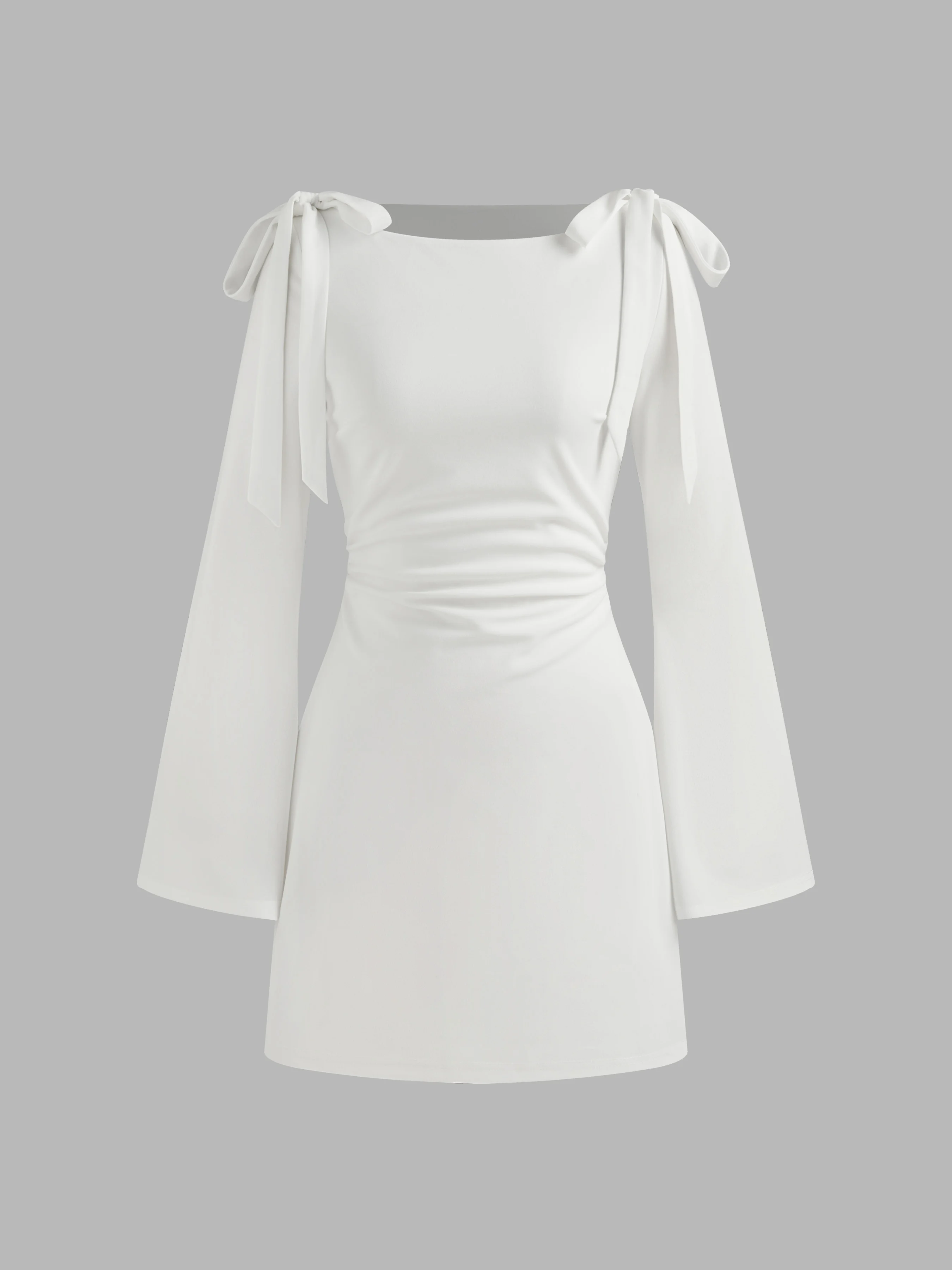 Boat Neckline Solid Ruched Bowknot Mini Dress