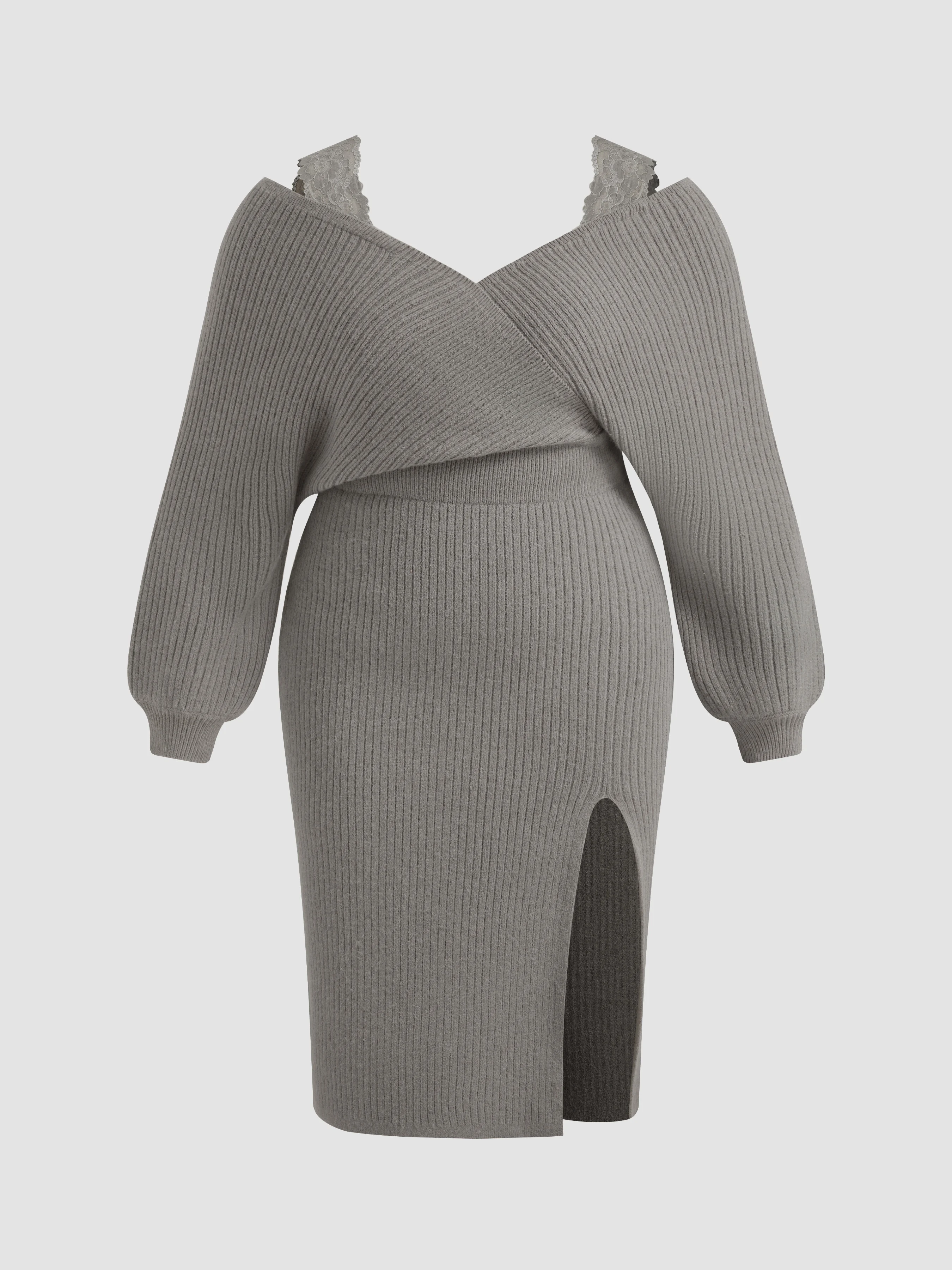 Knitted V-neck Solid Split Lace Midi Dress Curve & Plus