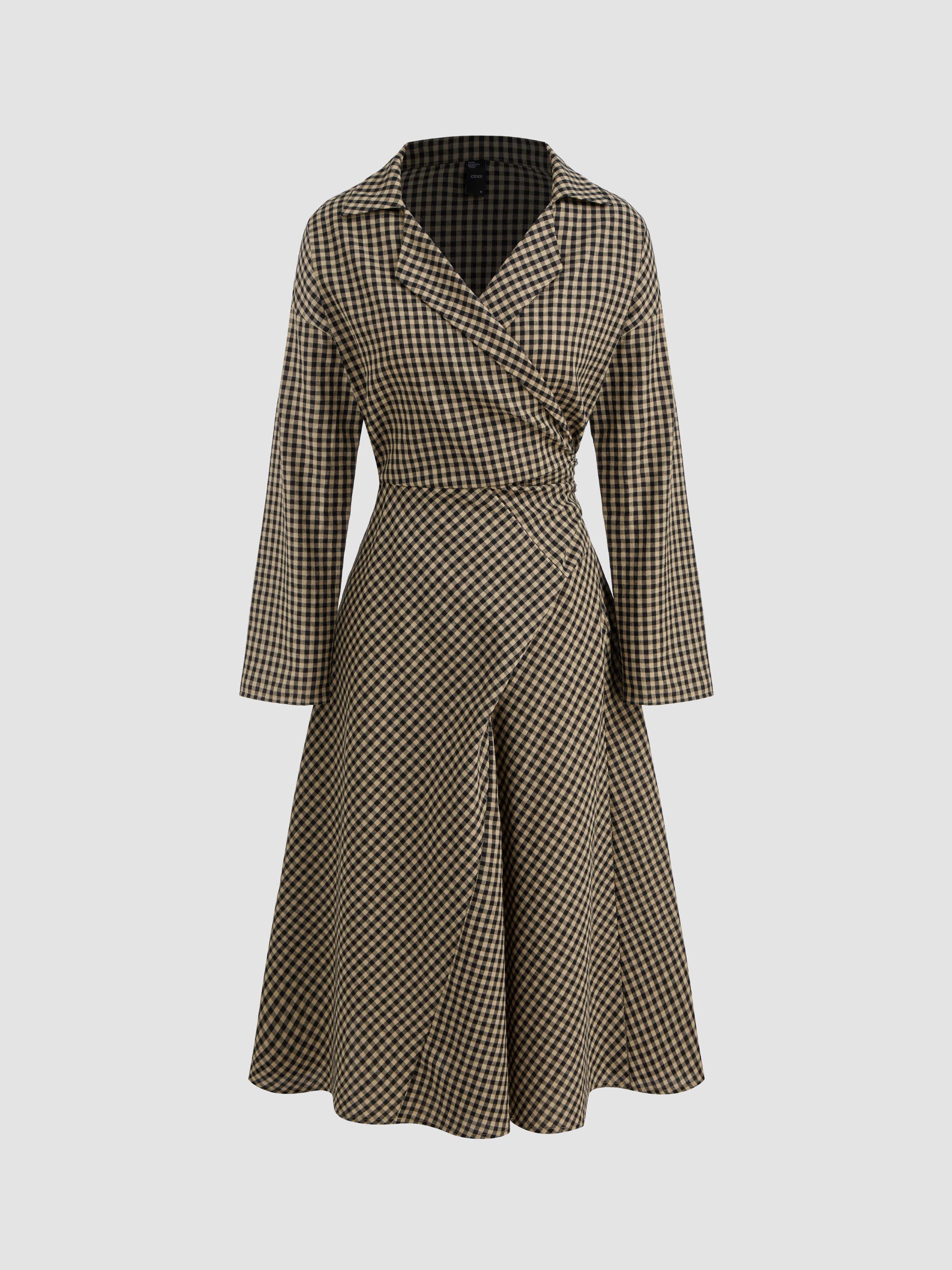 Cotton-blend Collar Gingham Bowknot Midi Dress
