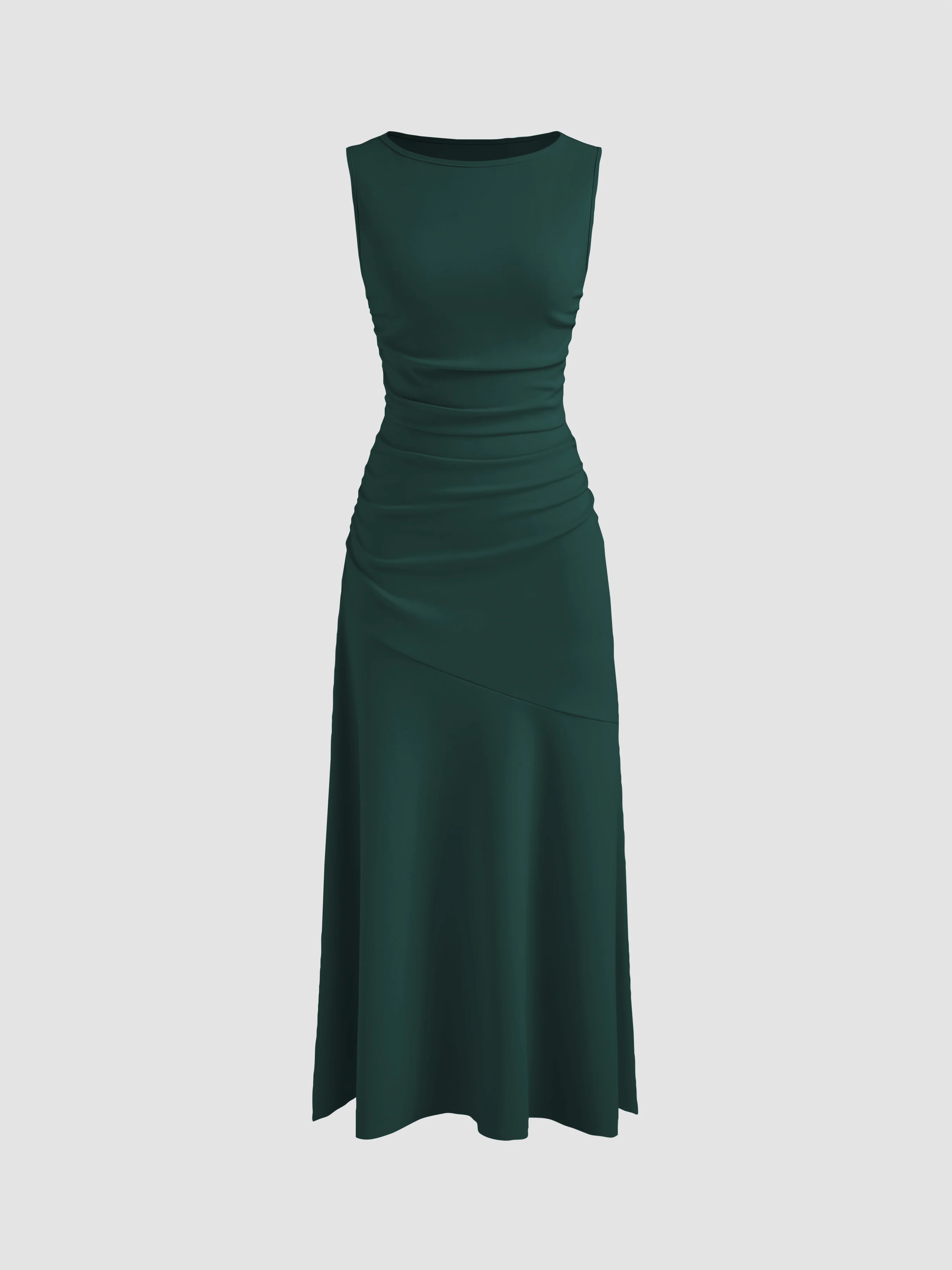 Boat Neck Solid Ruffle Ruched Maxi Dress
