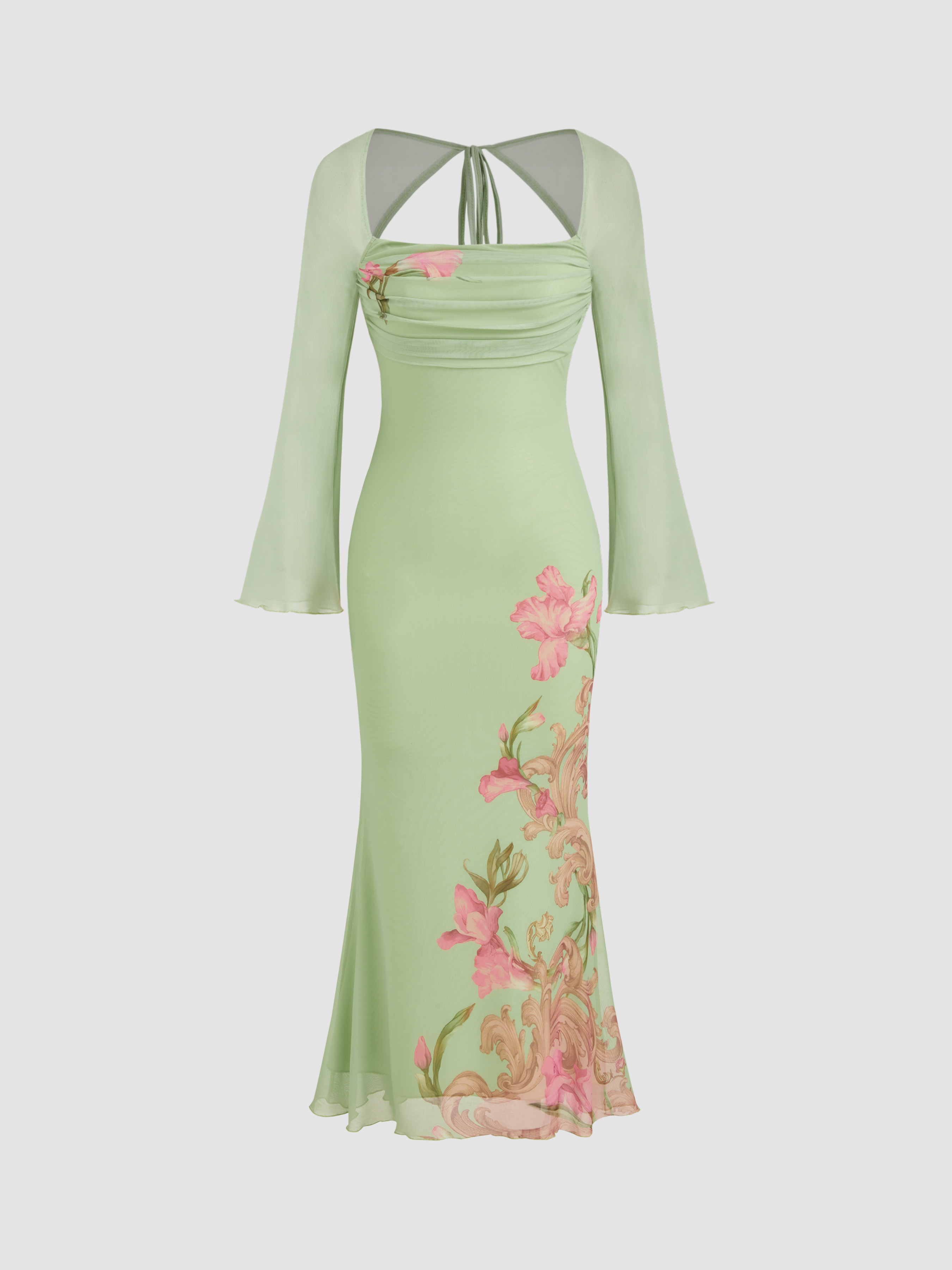 Mesh Square Neckline Floral Knotted Backless Midi Dress