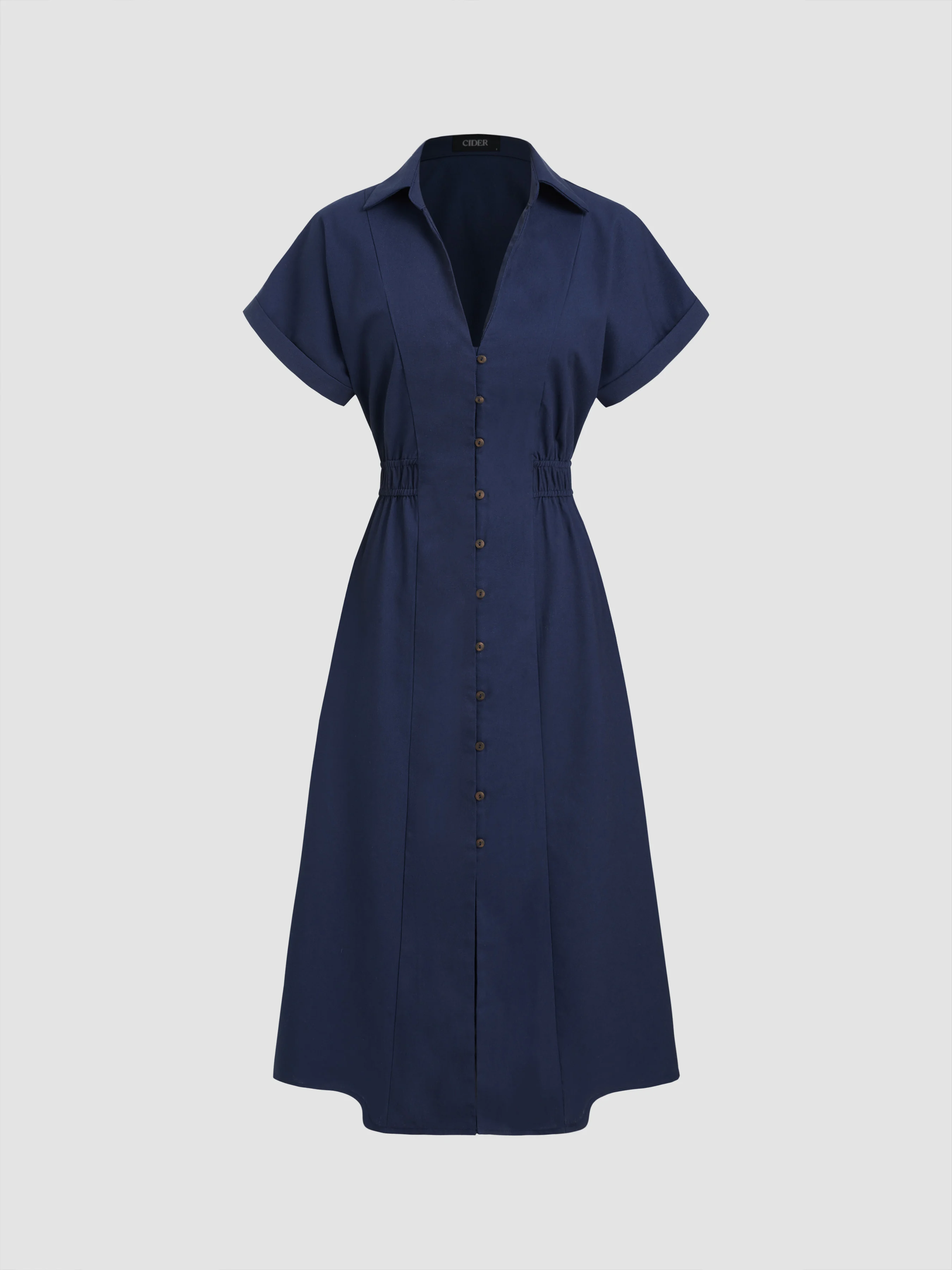 Linen-blend Collar Solid Shirred Button Midi Shirt Dress