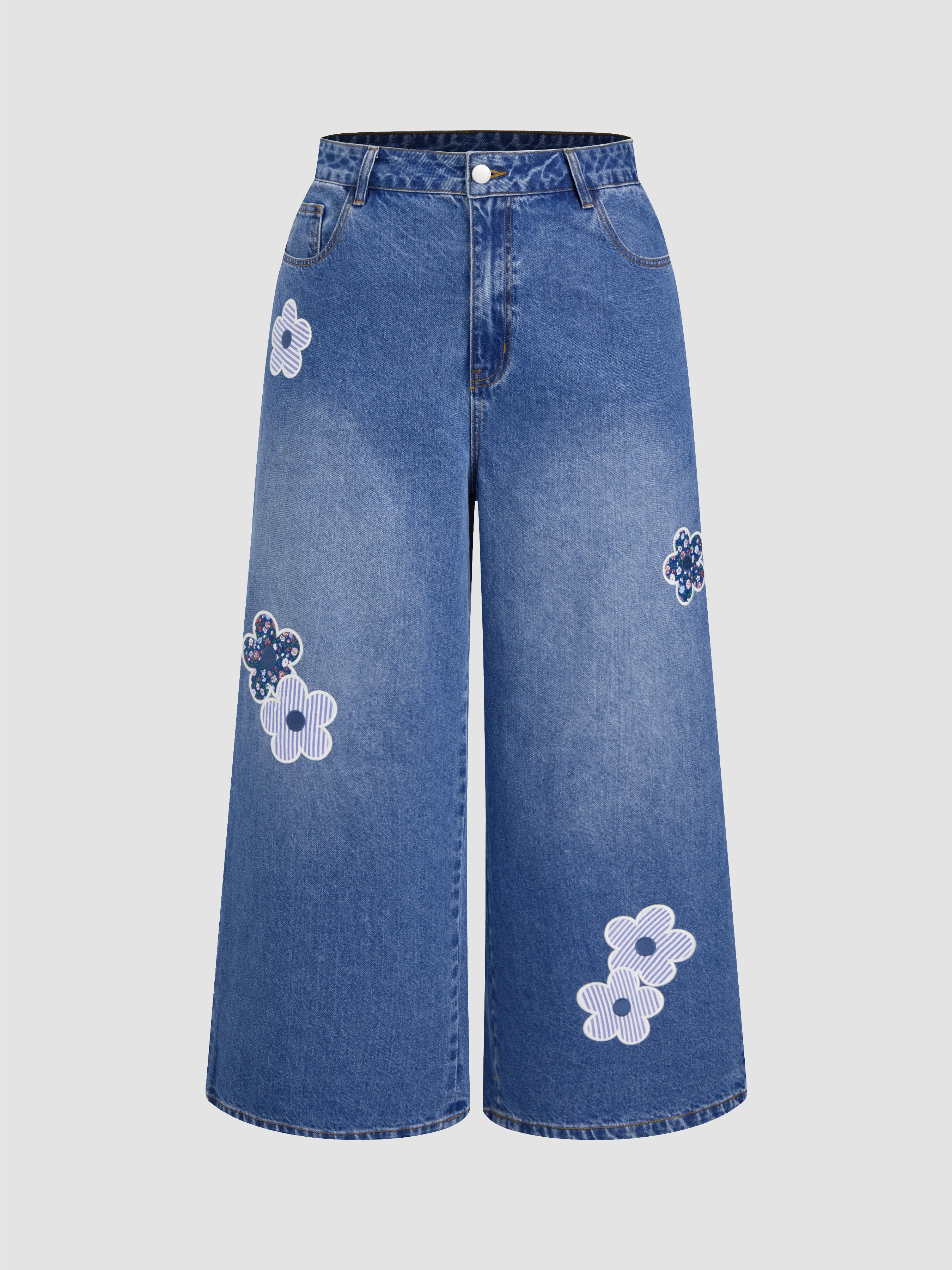 Cider Denim Mid Rise Floral Appliques Wide Leg Jeans Curve & Plus