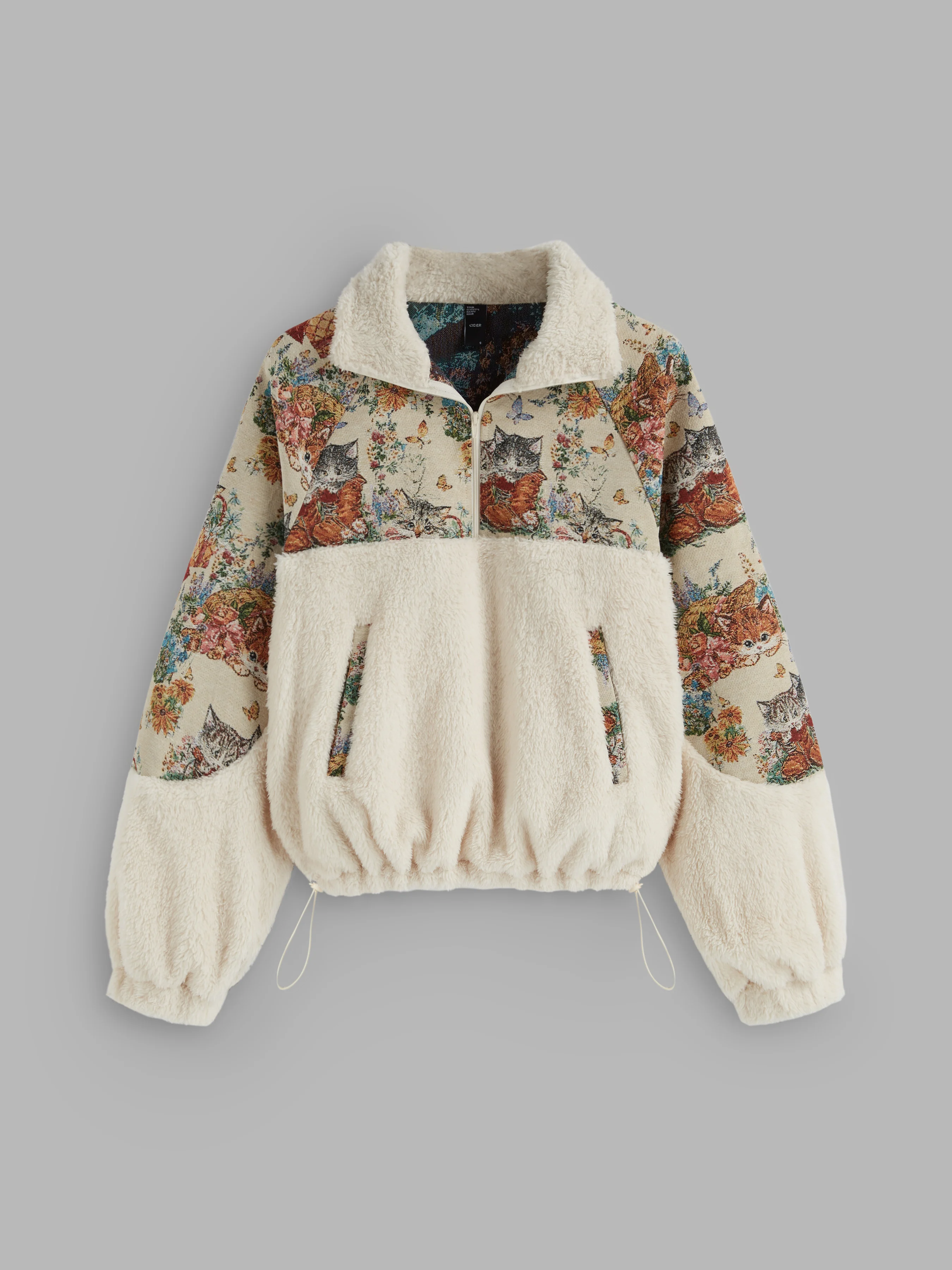 Fleece Collar Floral Cat Knotted Sweatshirt