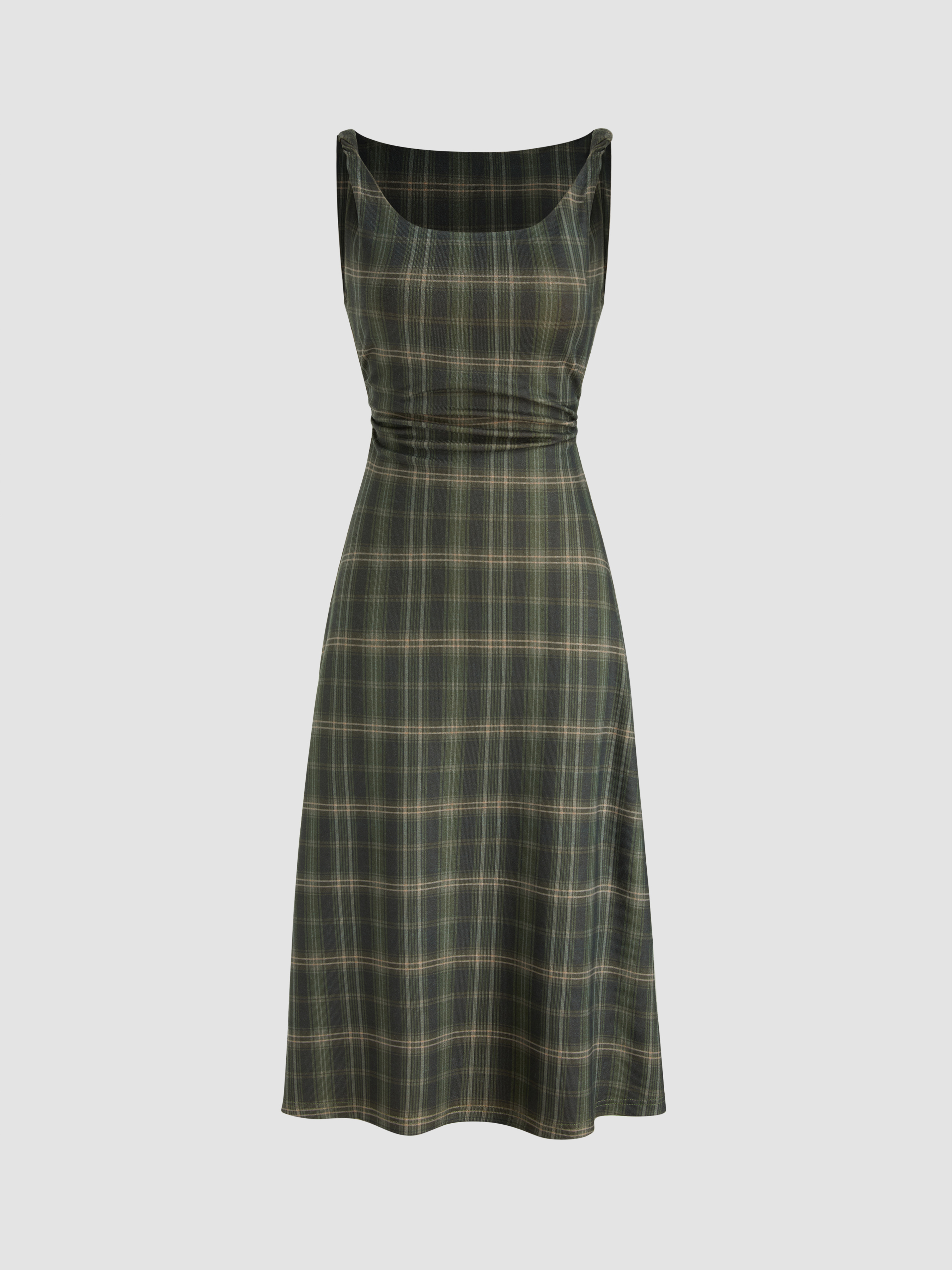 Scoop Neckline Tartan Ruched Midi Dress