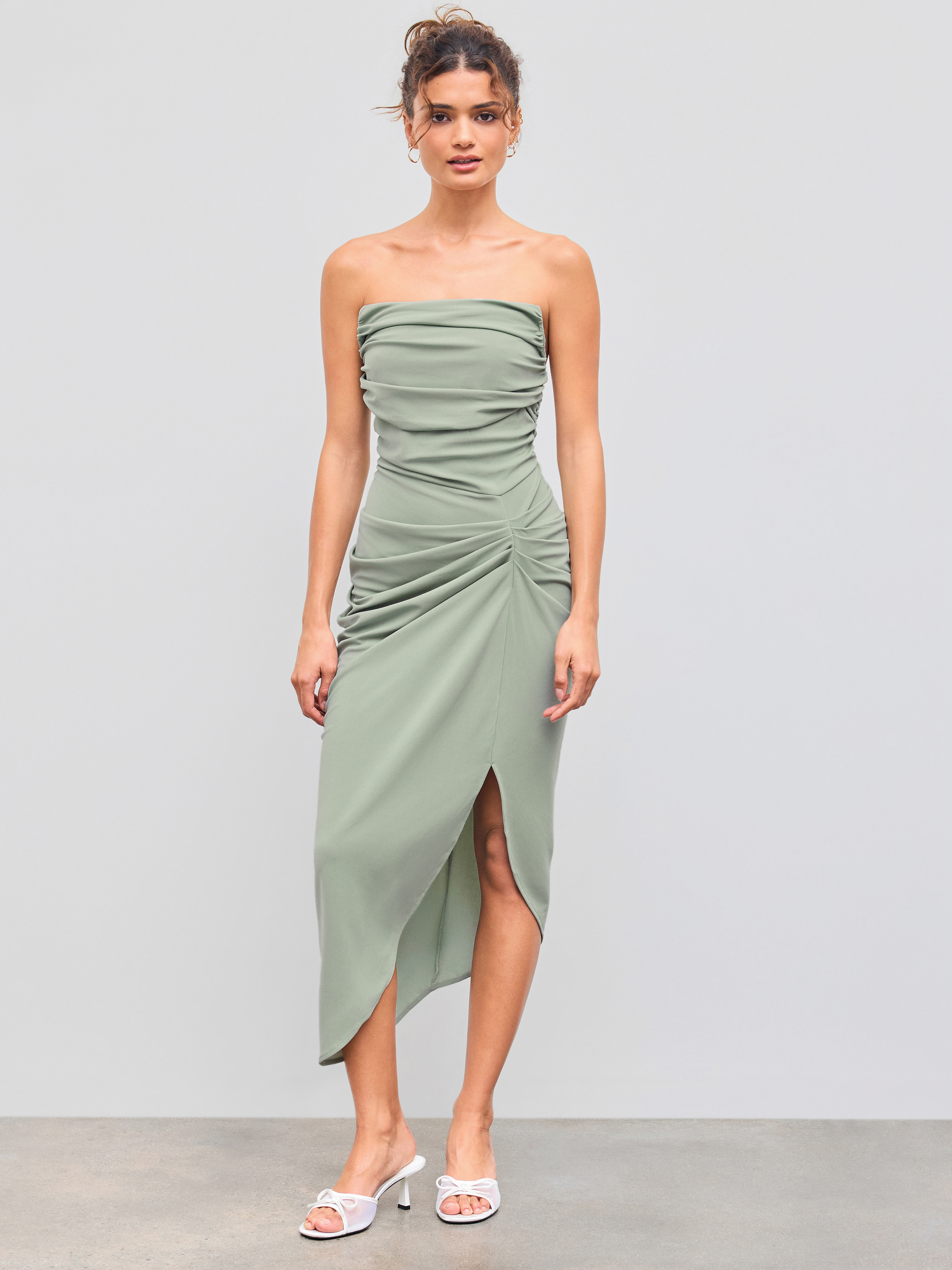 Solid Ruched Asymmetrical Tube Midi Dress