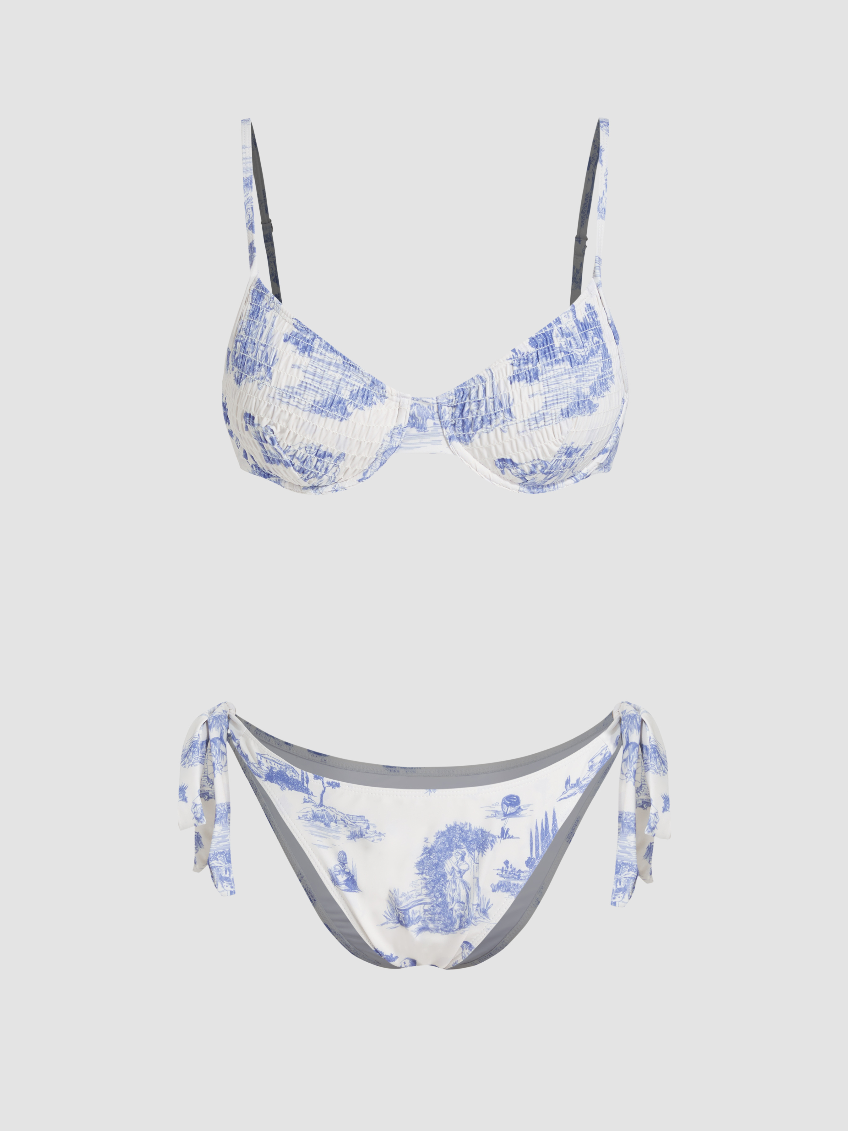 Square Neck Floral Shirred Underwire Tie Side Bikini Swimsuit