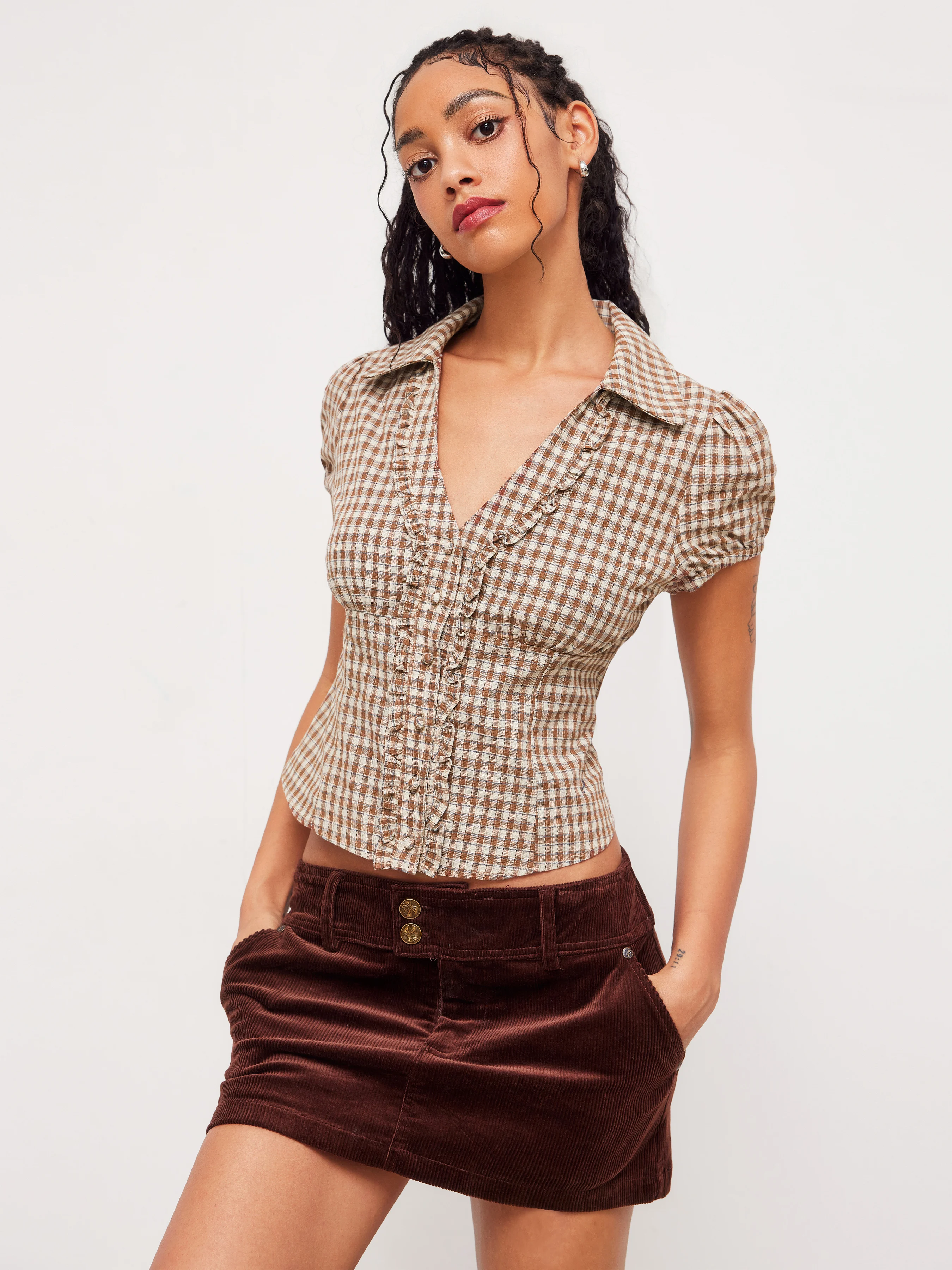 Cotton V-neck Check Button Short Sleeve Gingham Blouse