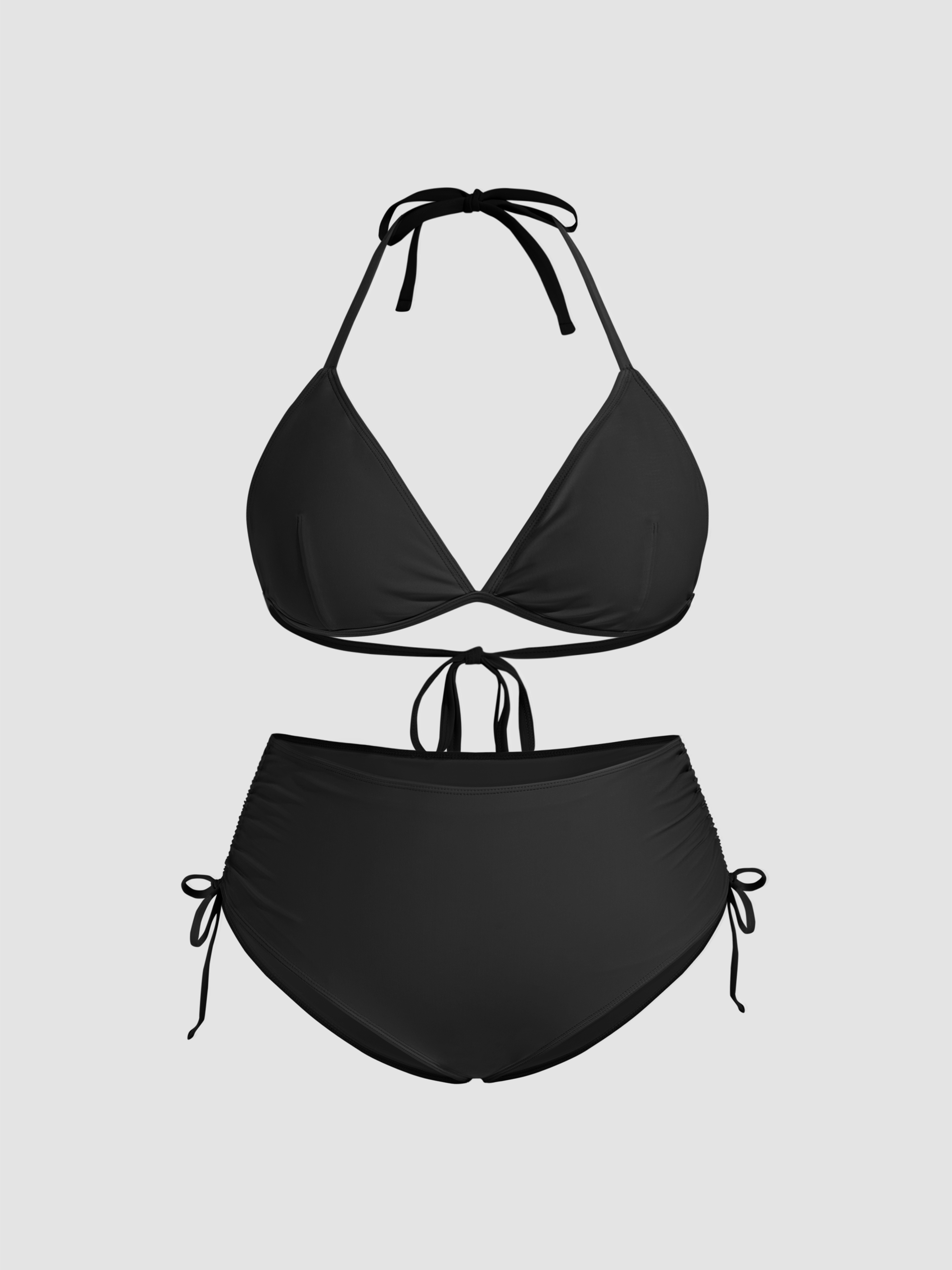 V-neck Drawstring Ruched Halter Full Coverage Bikini Set Curve & Plus