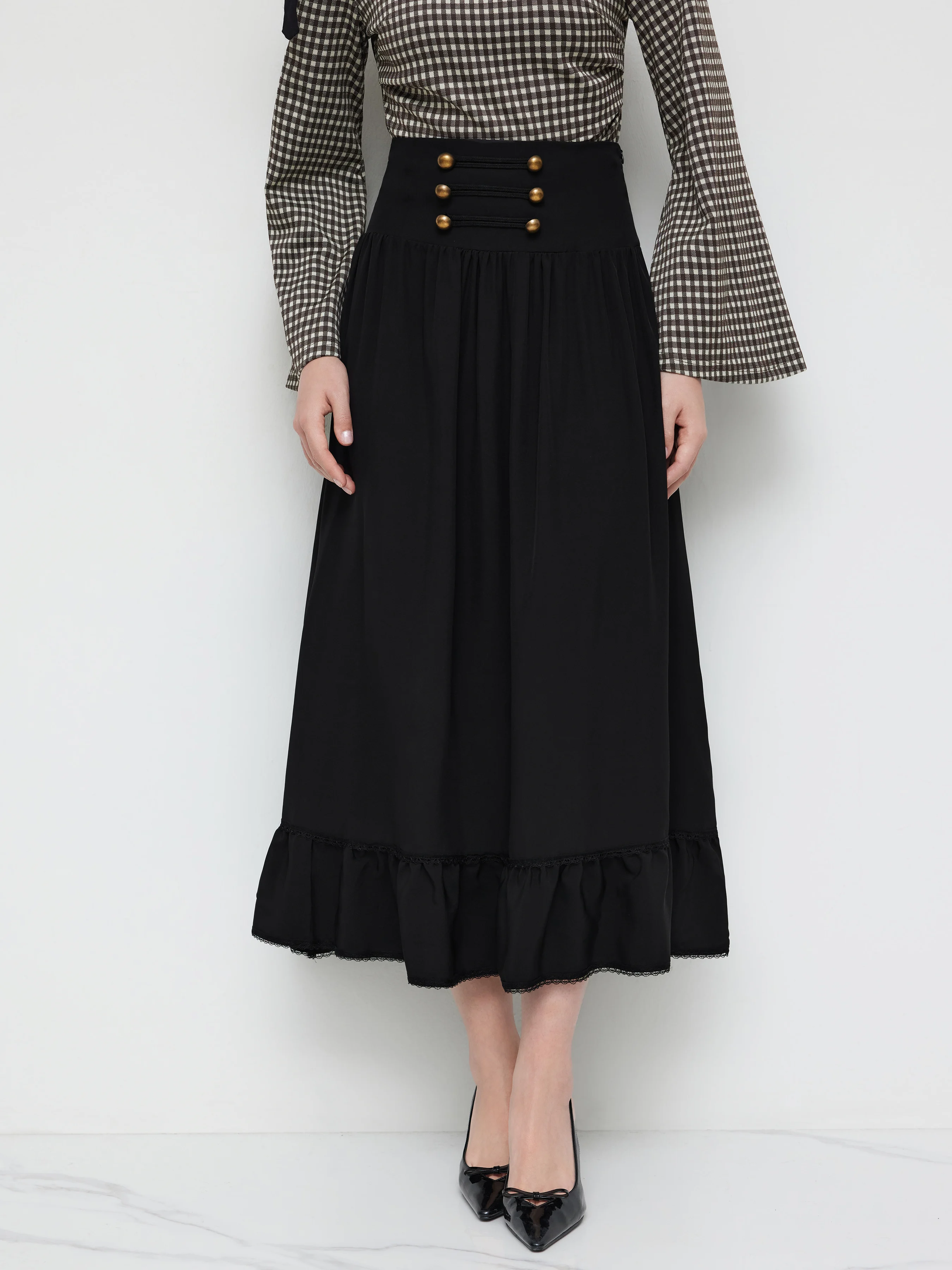 Mid Rise Solid Button Lace Up Ruffle Maxi Skirt