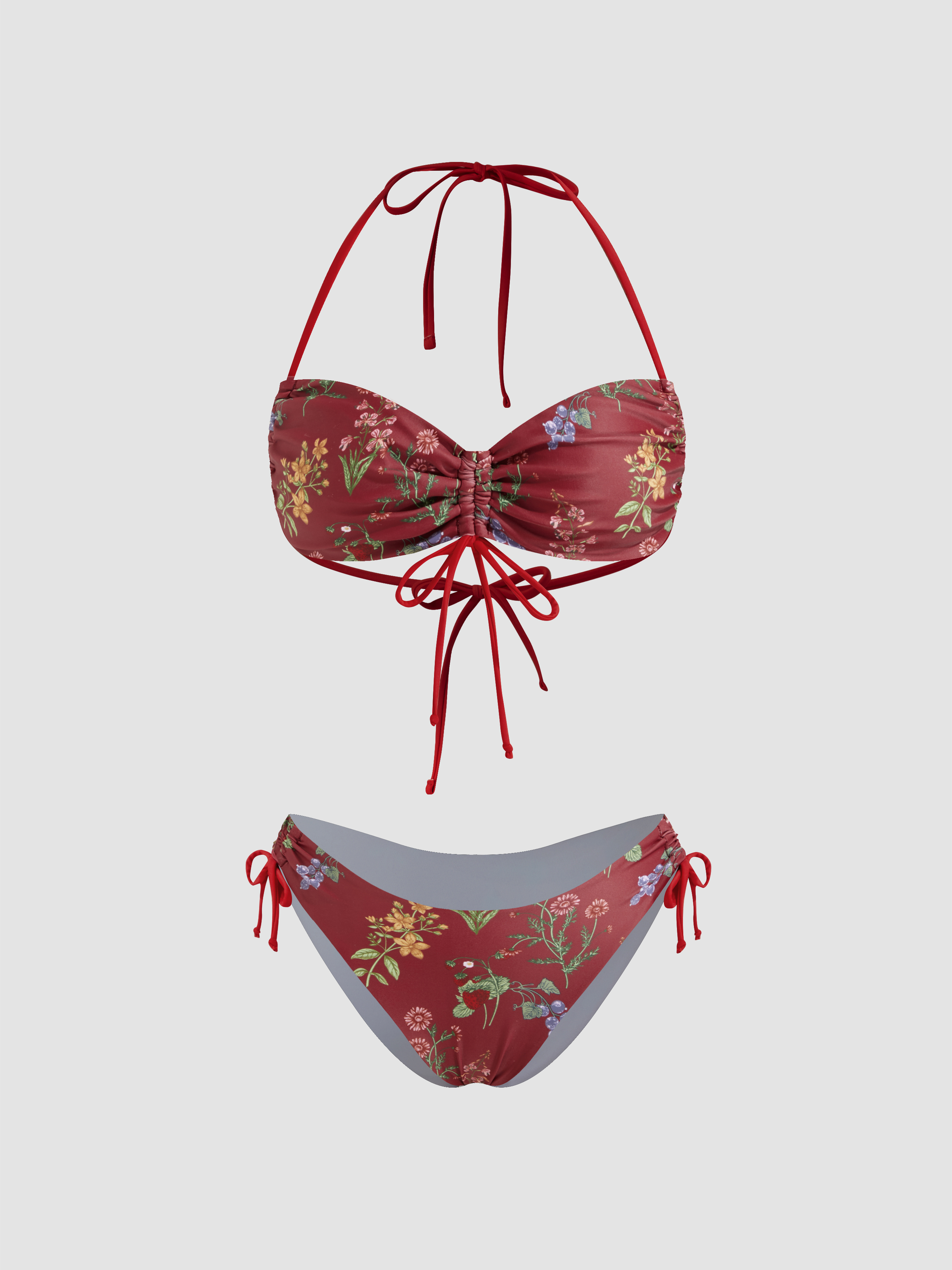 Halter Floral Bowknot Drawstring Bracelet Cheeky Bikini Swimsuit