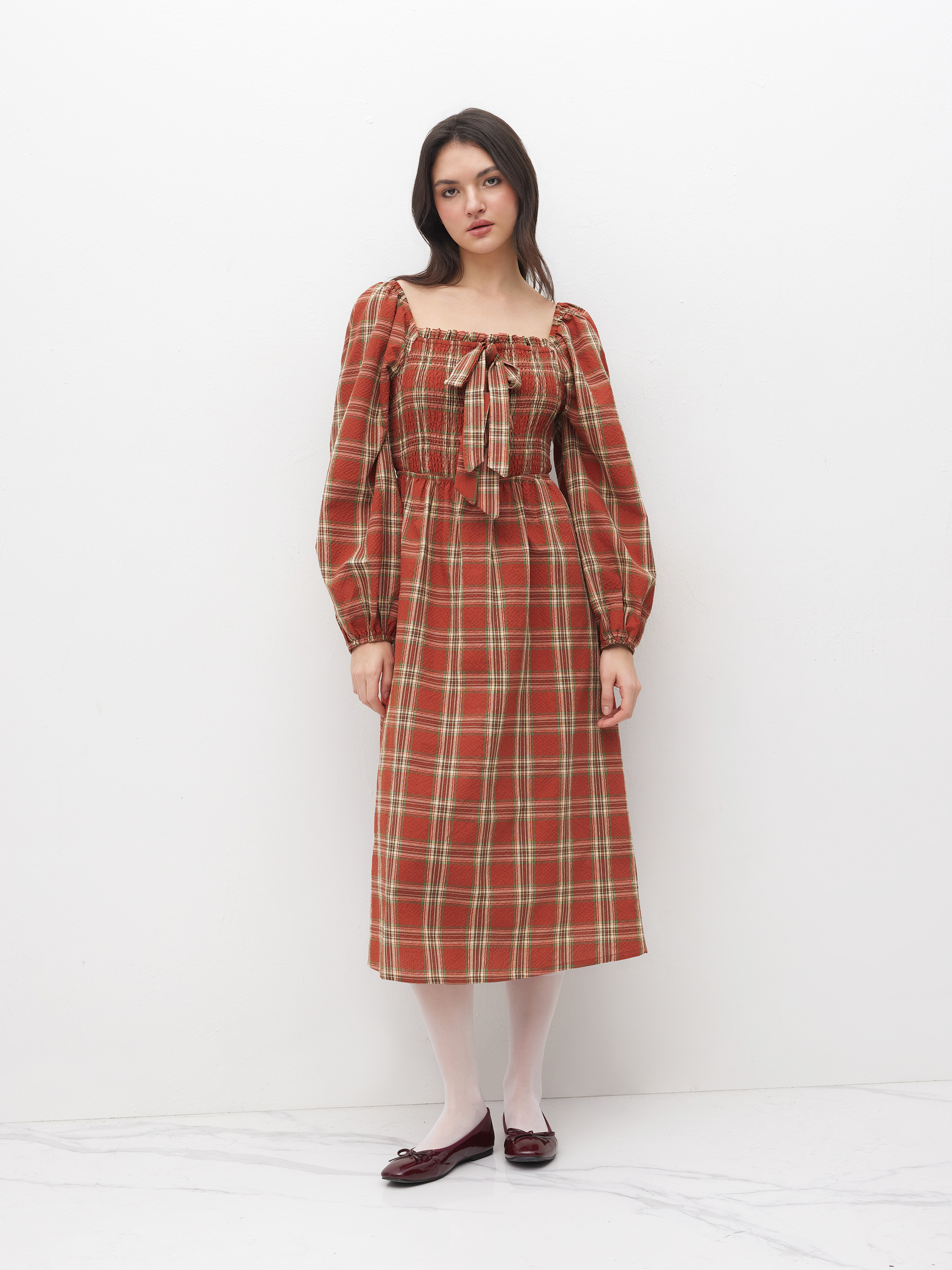 Cotton-blend Tartan Bowknot Shirred Midi Dress