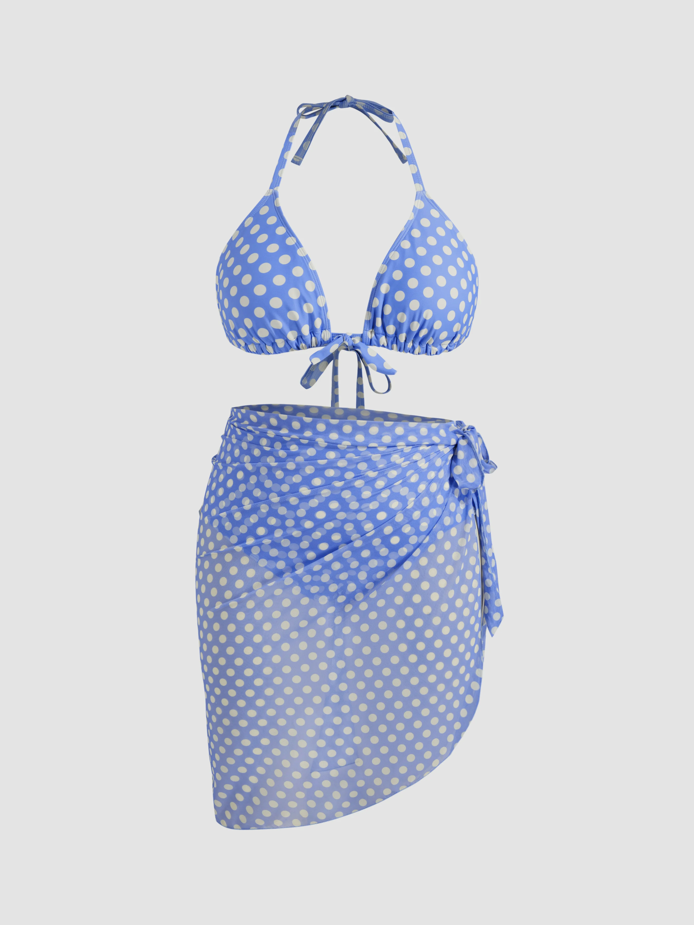 V-neck Polka Dot Halter Full Coverage Bikini Set With Sarong Curve & Plus